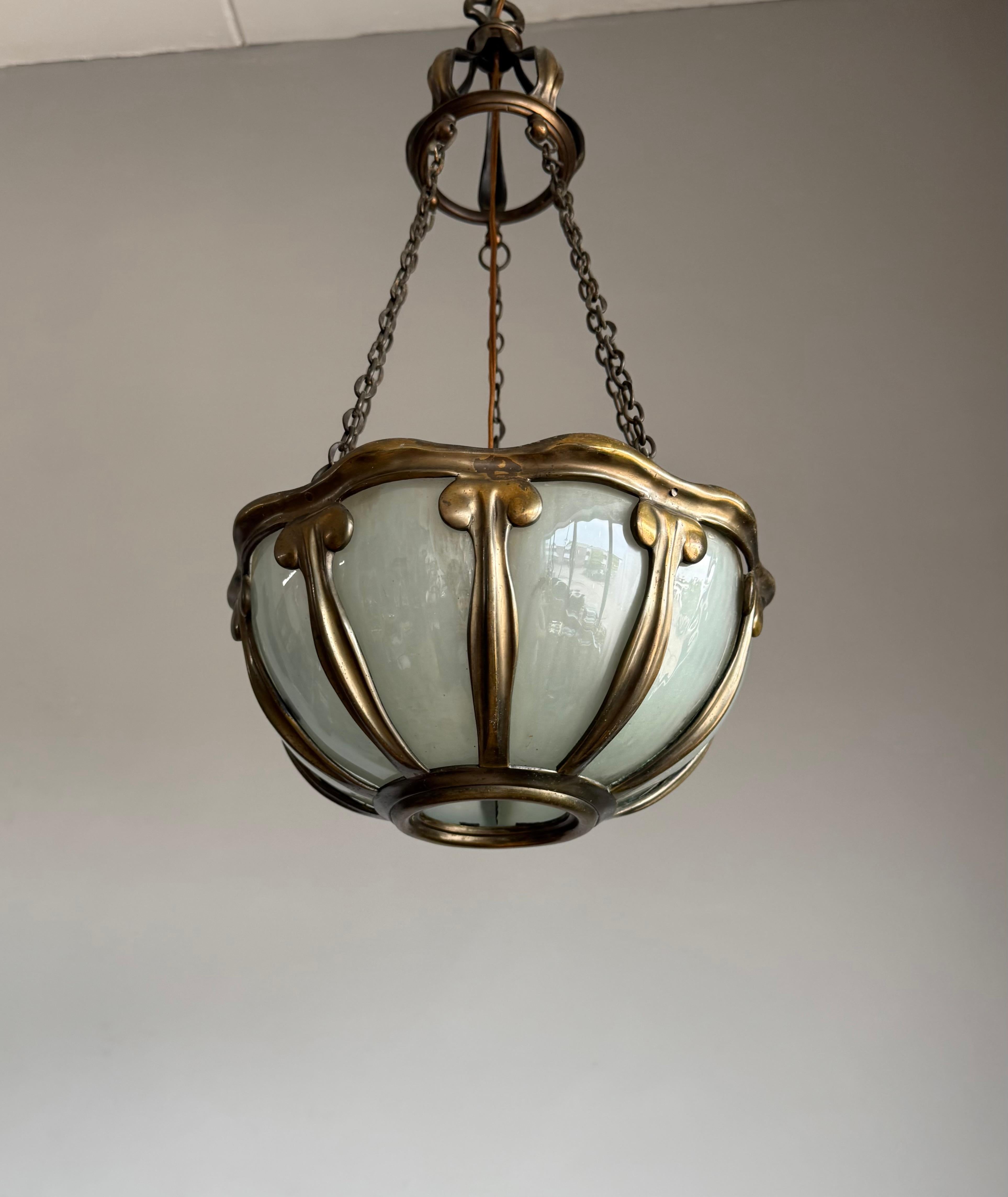 Metal Rare Arts & Crafts Pendant Light w Hand-Blown Art Glass and Bronze Mounts, c1900 For Sale