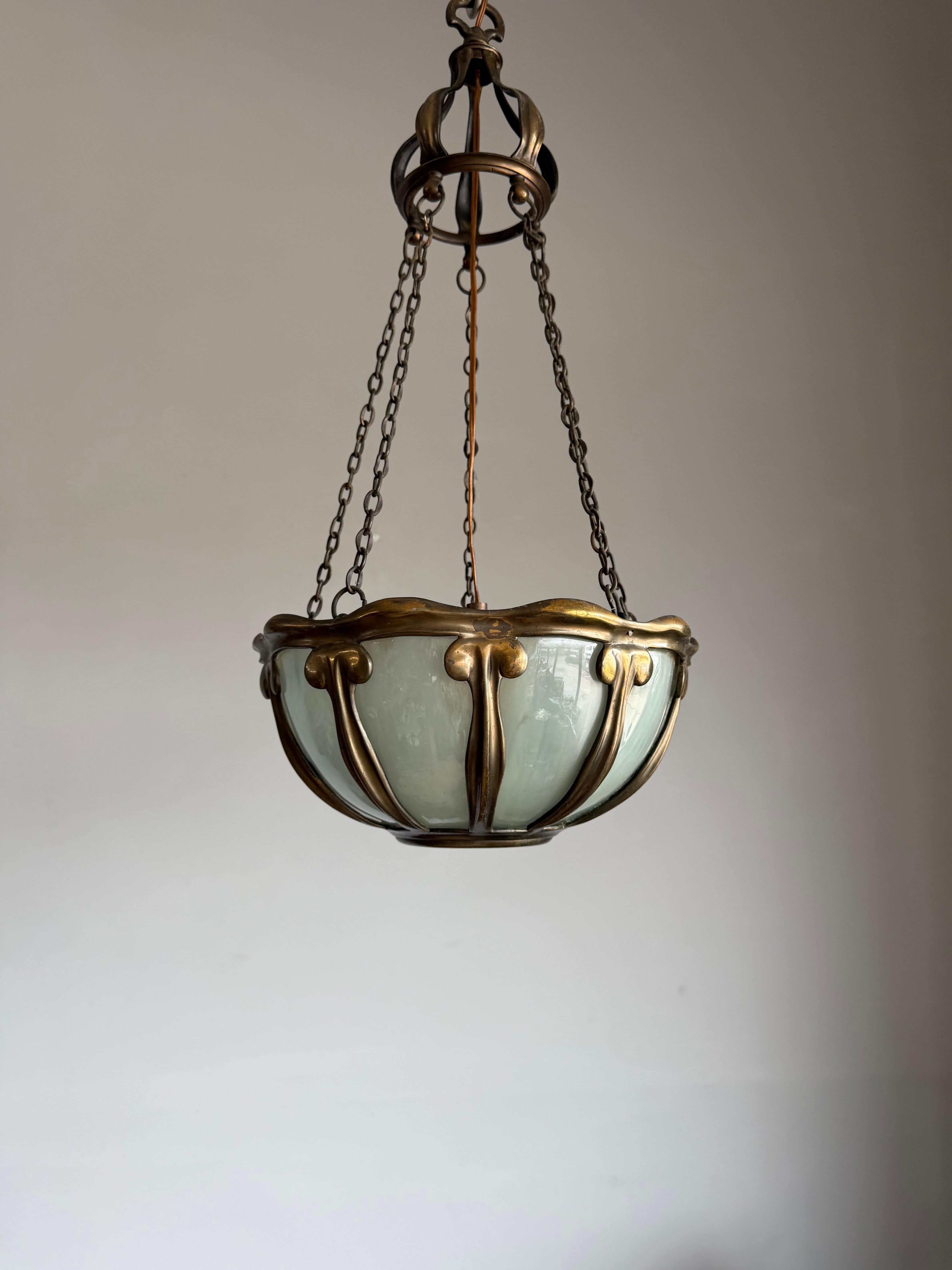 Rare Arts & Crafts Pendant Light w Hand-Blown Art Glass and Bronze Mounts, c1900 For Sale 1
