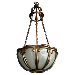 Antique Rare Arts & Crafts Pendant Light w Hand-Blown Art Glass and Bronze Mounts, c1900