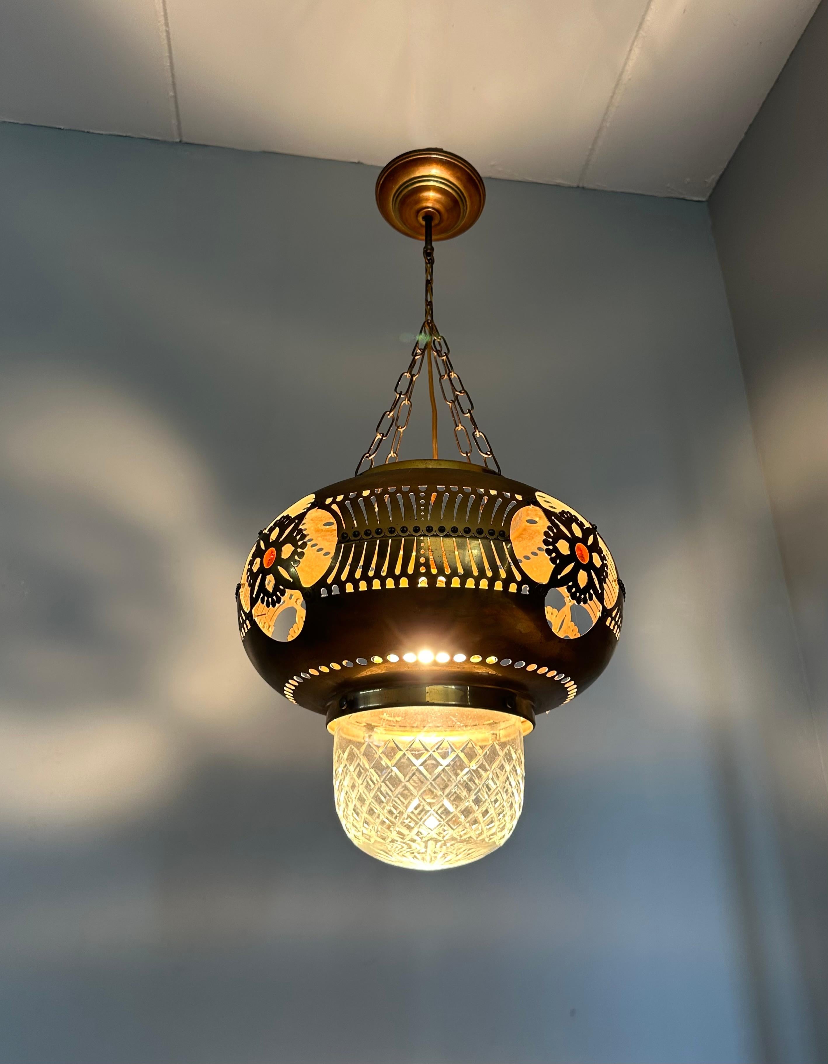 Brass Rare Arts & Crafts Round Shape Hallway Lantern / Pendant Light by H.J. Winkelman