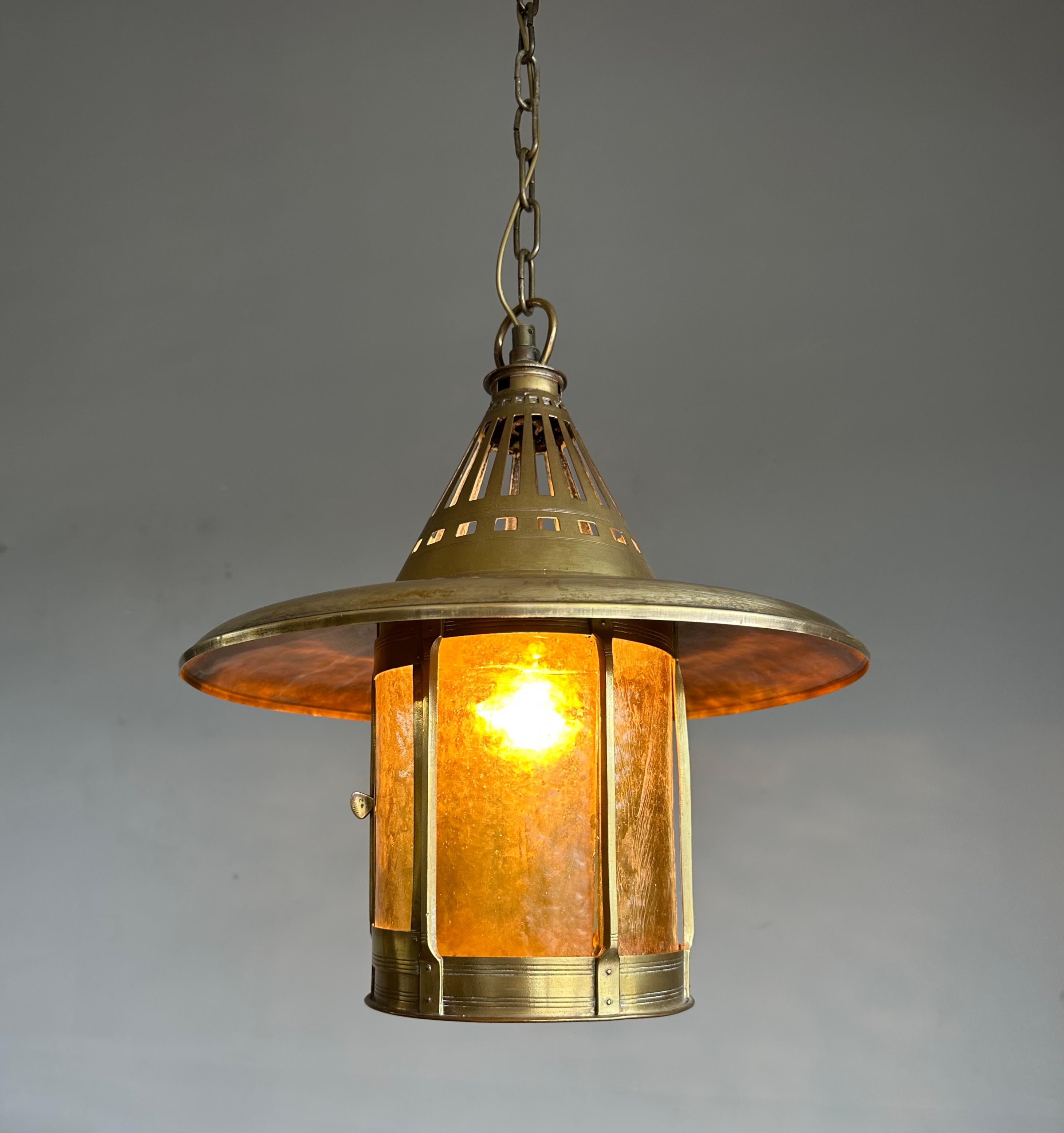 Rare and stylish and all-handcrafted Dutch Arts & Crafts entry hall pendant light / lantern.

If you are looking for the best and the rarest when it comes to European Arts and Crafts antiques then this extremely rare hallway or entry hall pendant