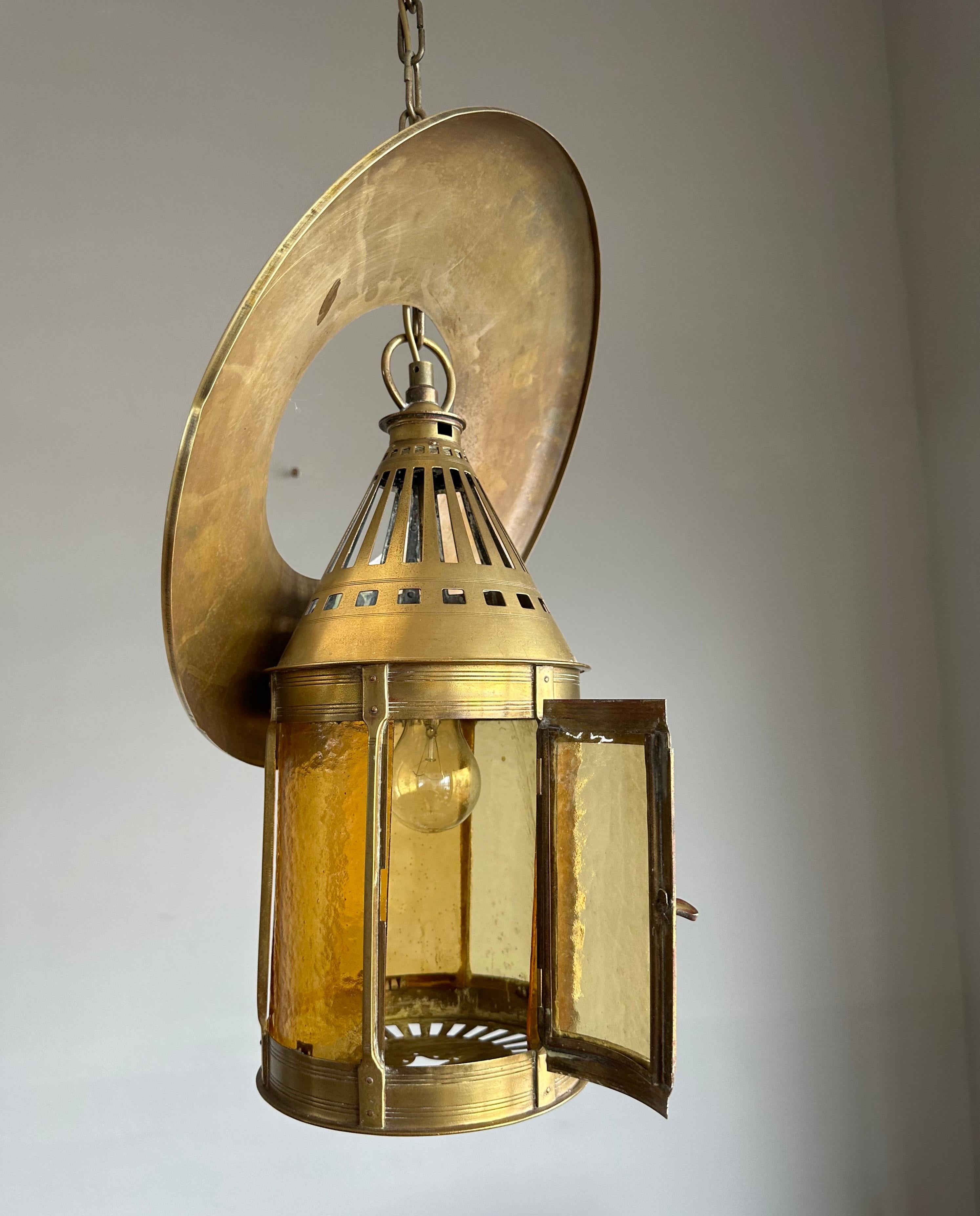 Polished Rare Arts & Crafts Round Shape Entrance Hall Lantern Pendant by Jan Eisenloeffel For Sale