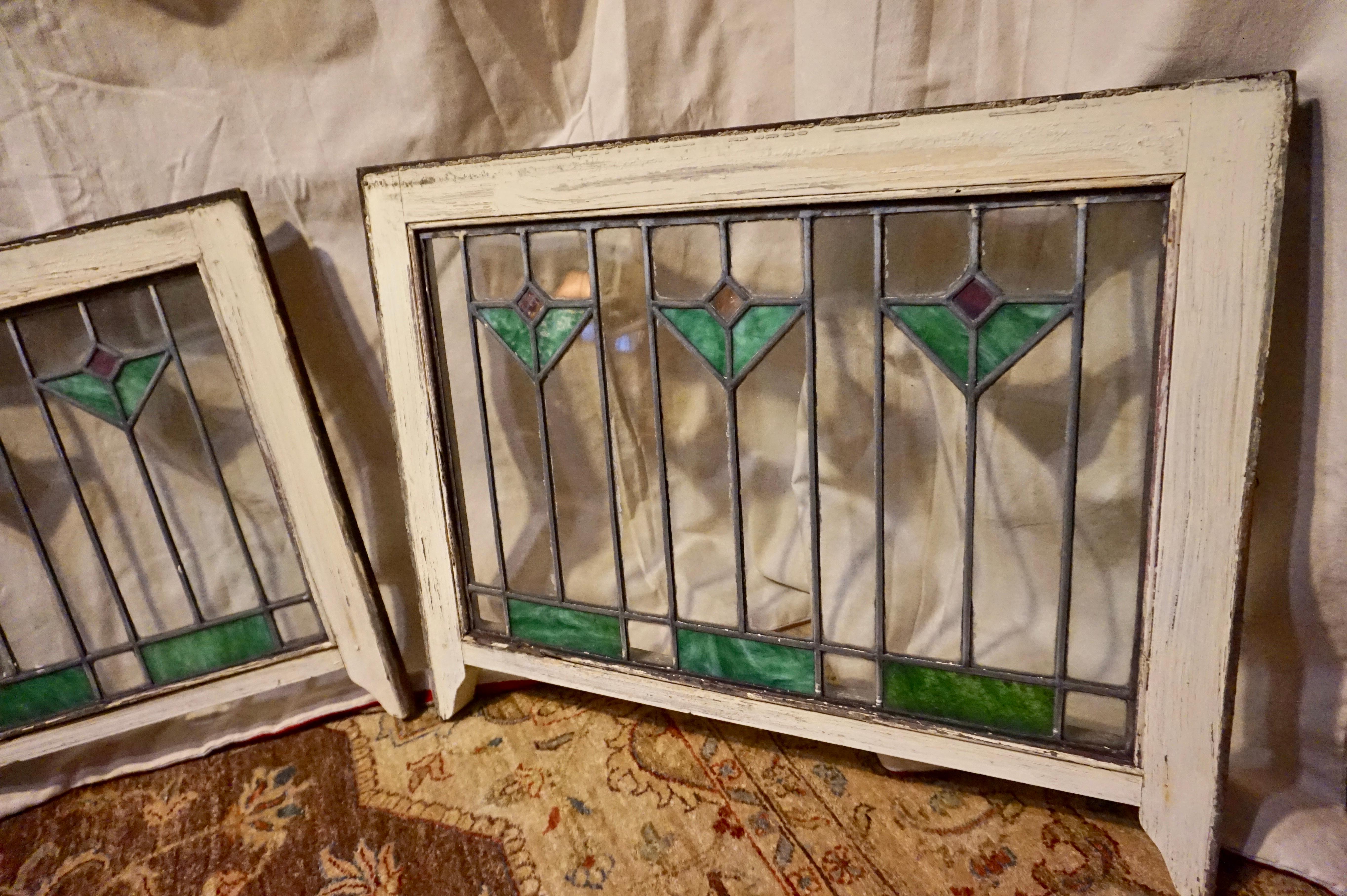 Early 20th Century Rare Arts & Crafts Stained Glass Windows with Two-Tone Geometric Floral Theme For Sale