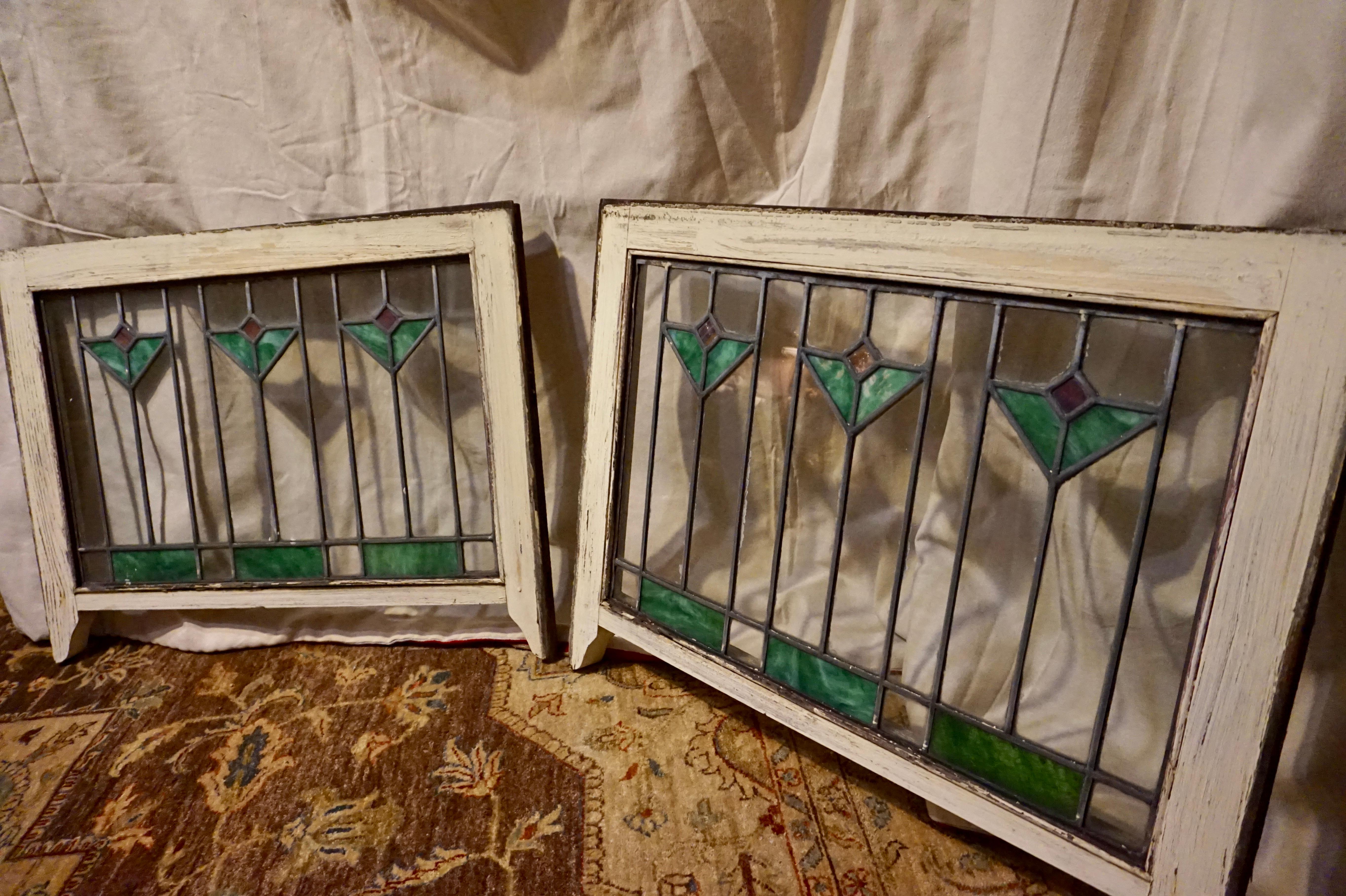 Rare Arts & Crafts Stained Glass Windows with Two-Tone Geometric Floral Theme For Sale 1
