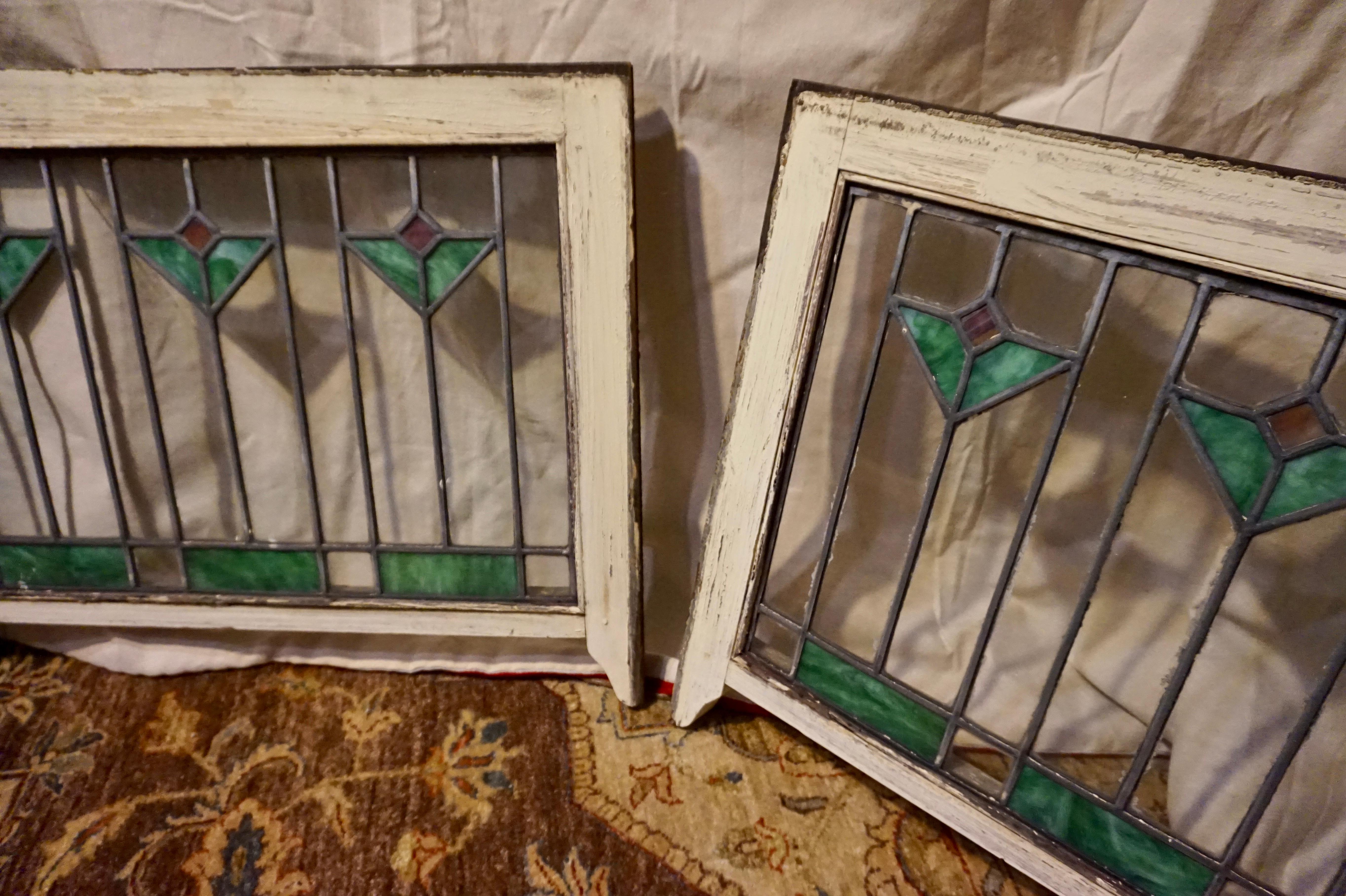 Rare Arts & Crafts Stained Glass Windows with Two-Tone Geometric Floral Theme For Sale 2