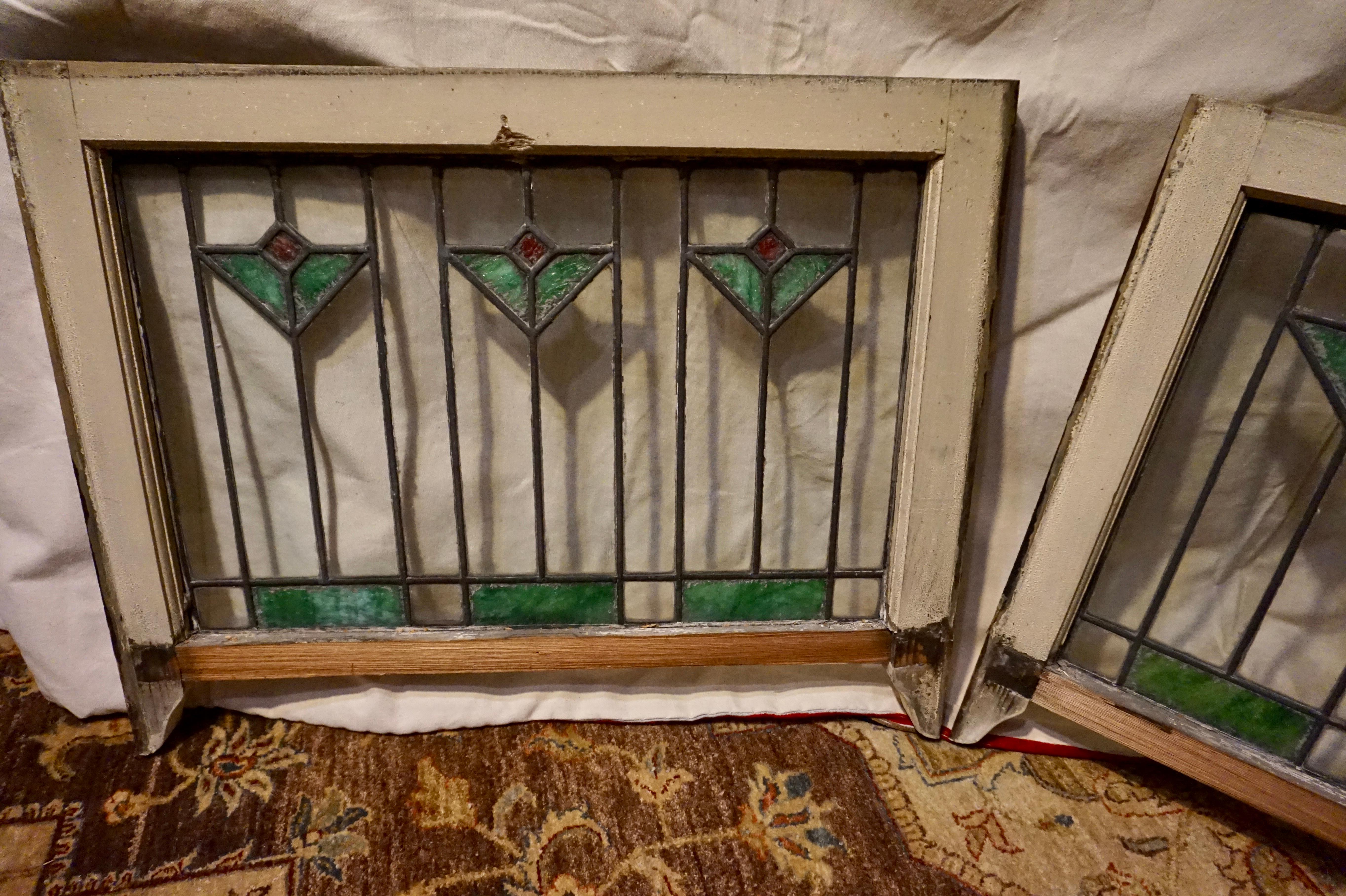 Rare Arts & Crafts Stained Glass Windows with Two-Tone Geometric Floral Theme For Sale 3