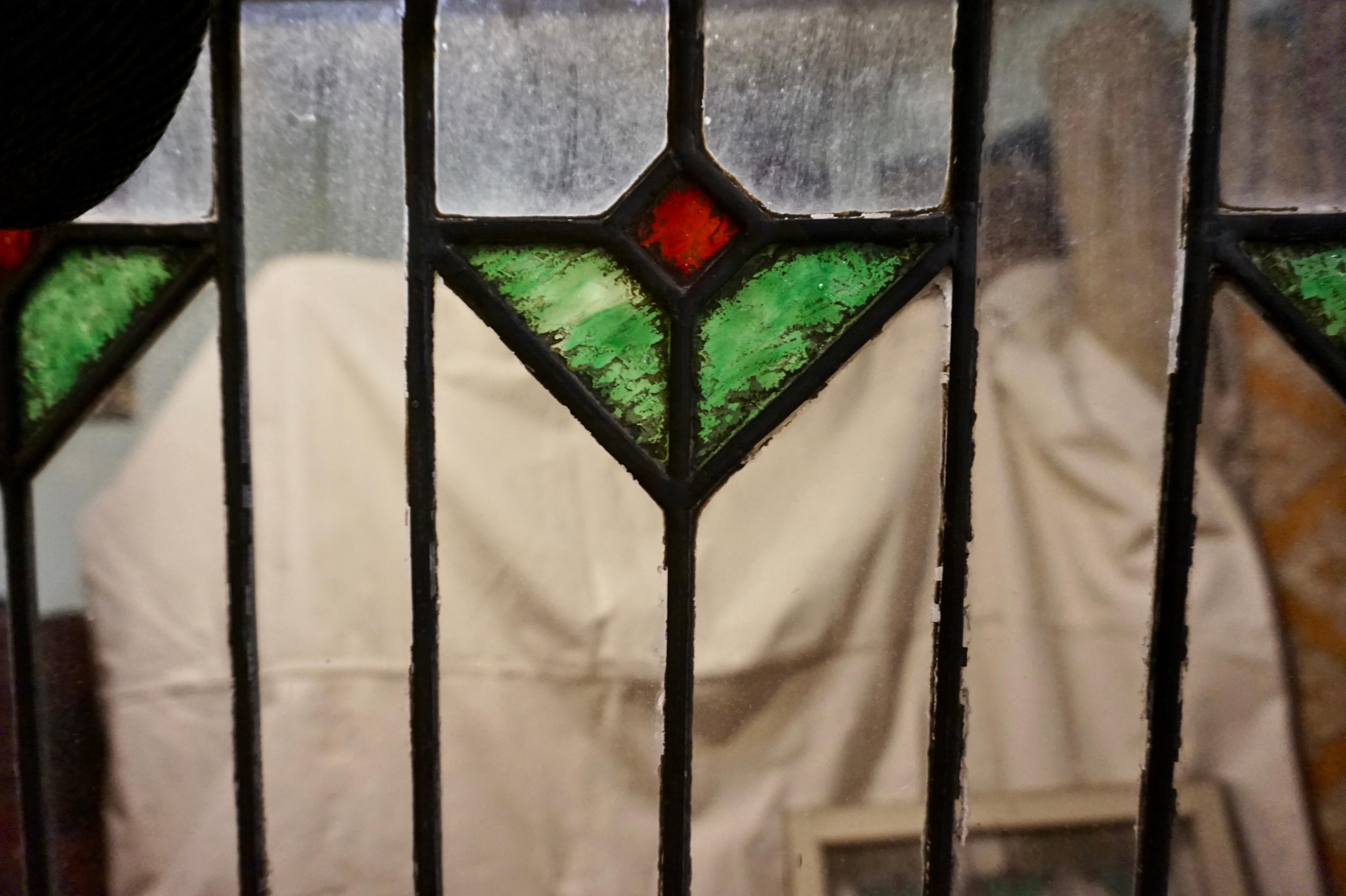 Rare Arts & Crafts Stained Glass Windows with Two-Tone Geometric Floral Theme For Sale 6