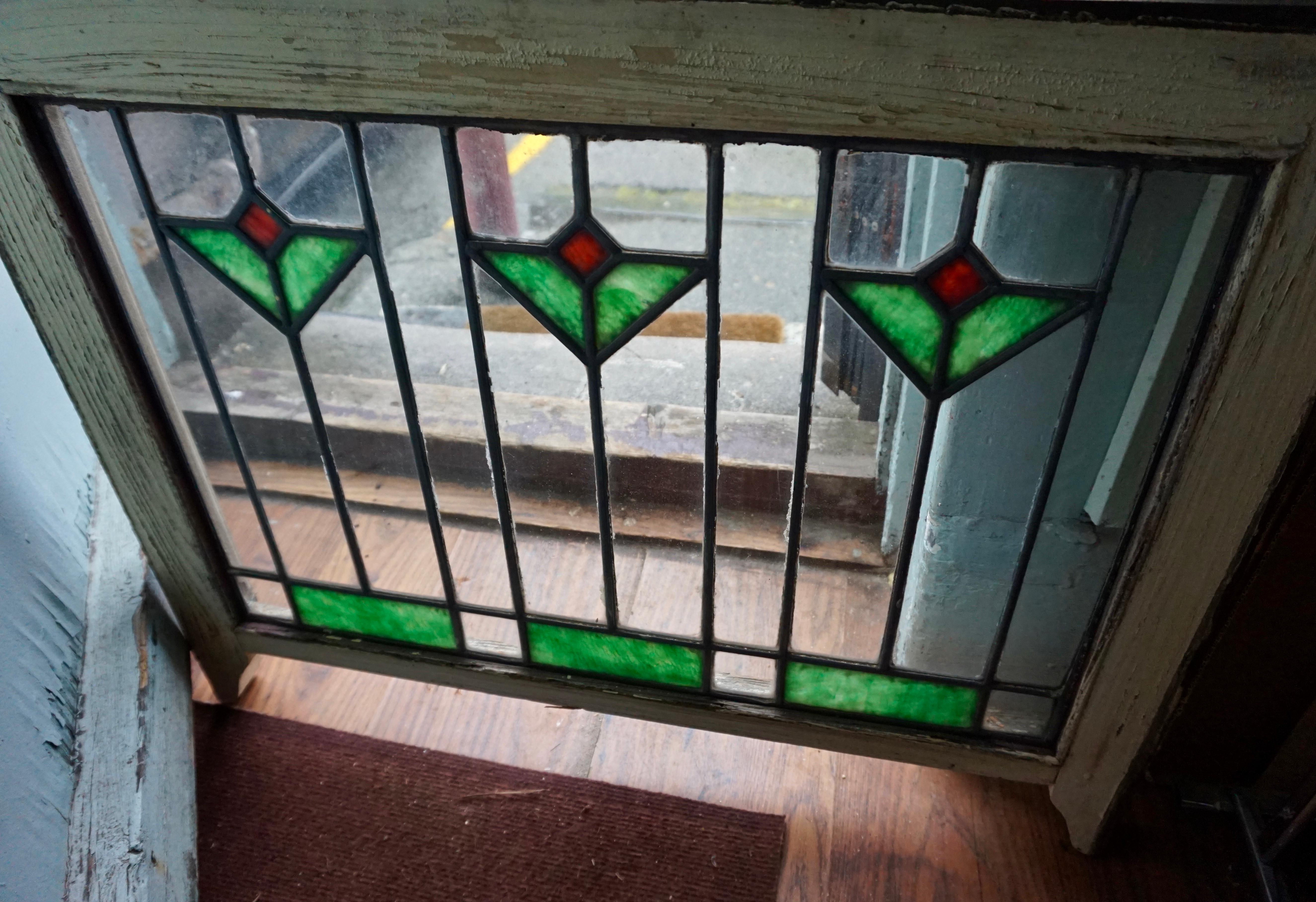 Arts and Crafts Rare Arts & Crafts Stained Glass Windows with Two-Tone Geometric Floral Theme For Sale