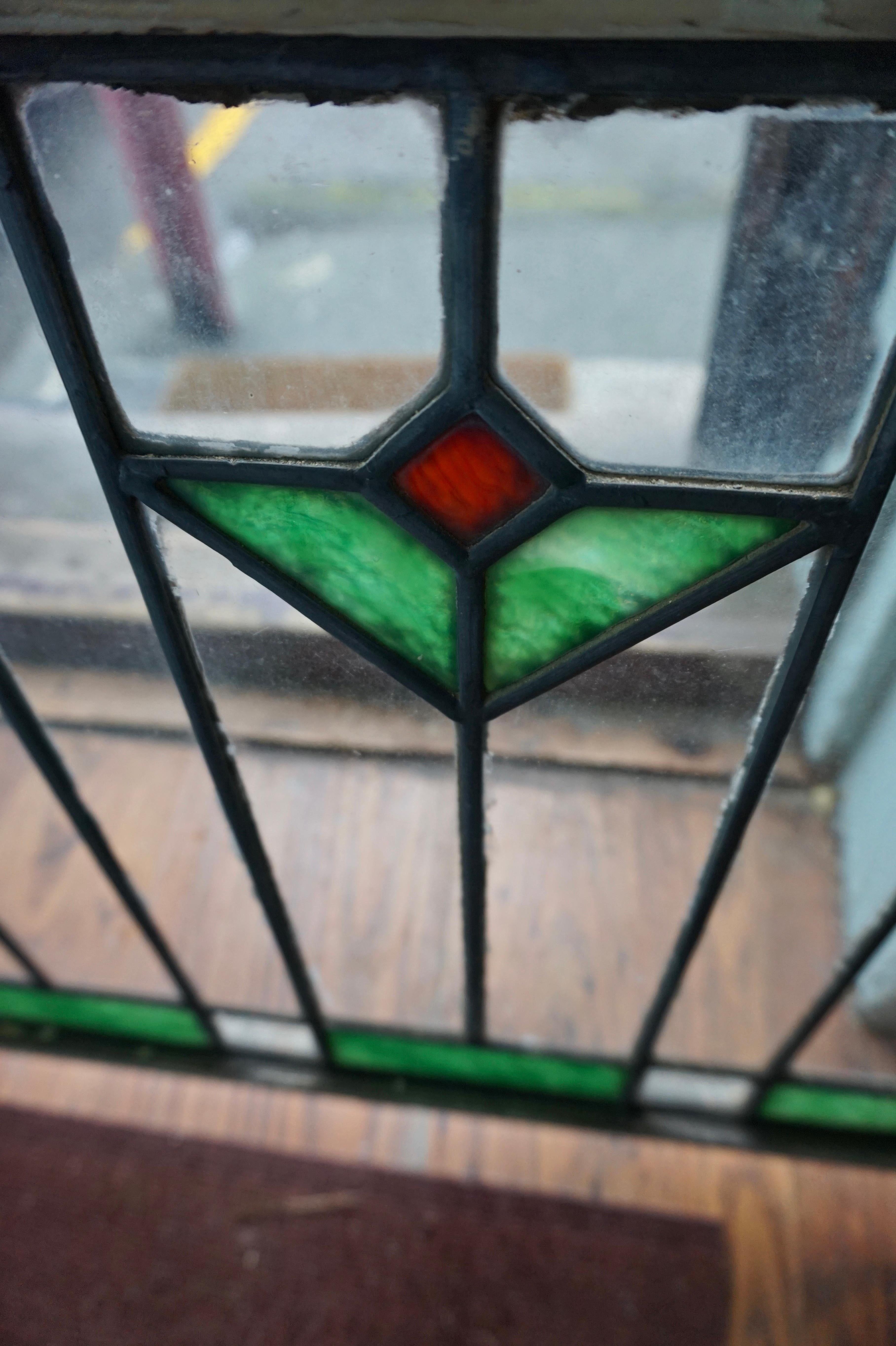 English Rare Arts & Crafts Stained Glass Windows with Two-Tone Geometric Floral Theme For Sale