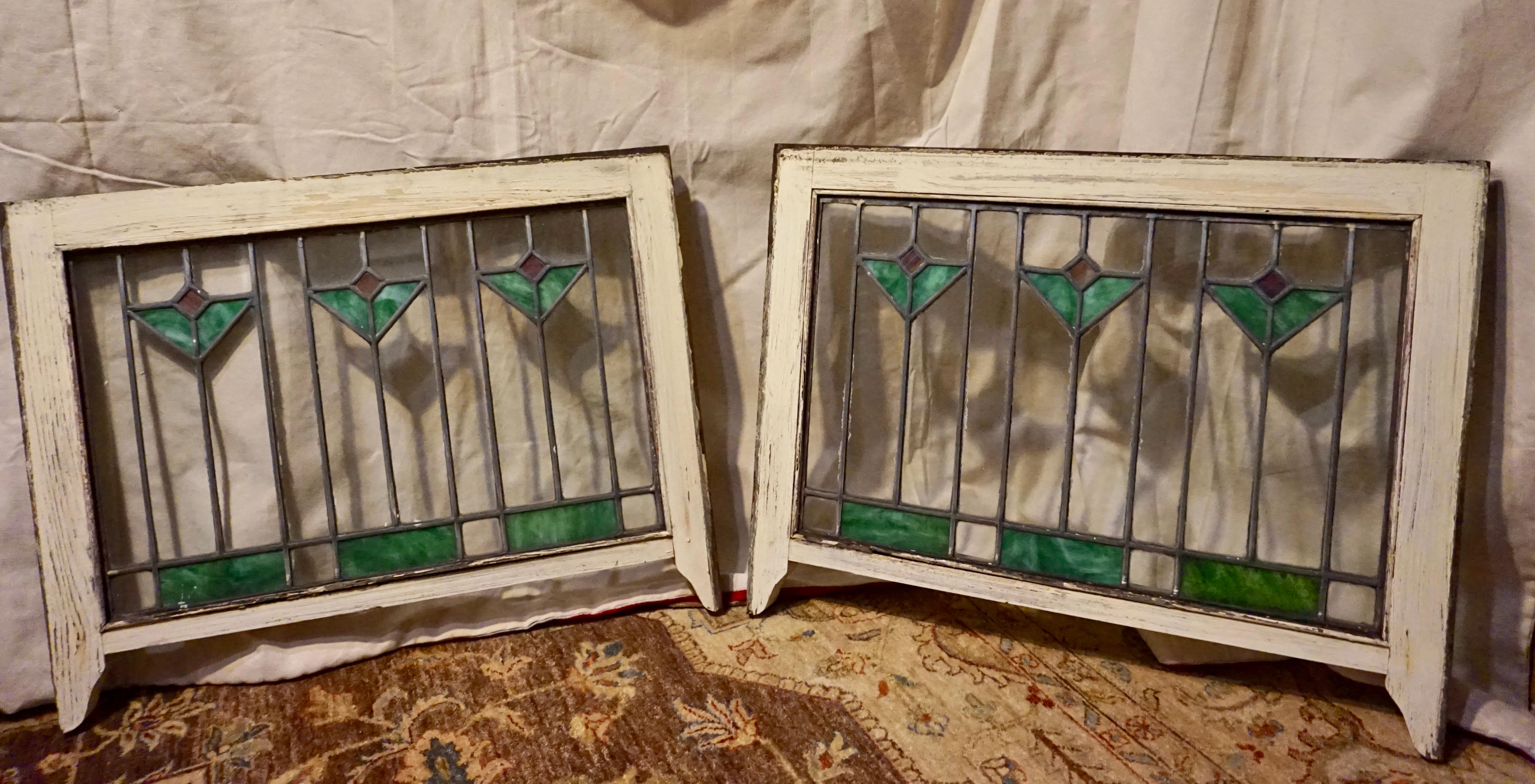 Hand-Crafted Rare Arts & Crafts Stained Glass Windows with Two-Tone Geometric Floral Theme For Sale