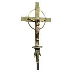 Antique Rare Arts & Crafts Standing Floor Crucifix w Stylized Bronze Sculpture of Christ