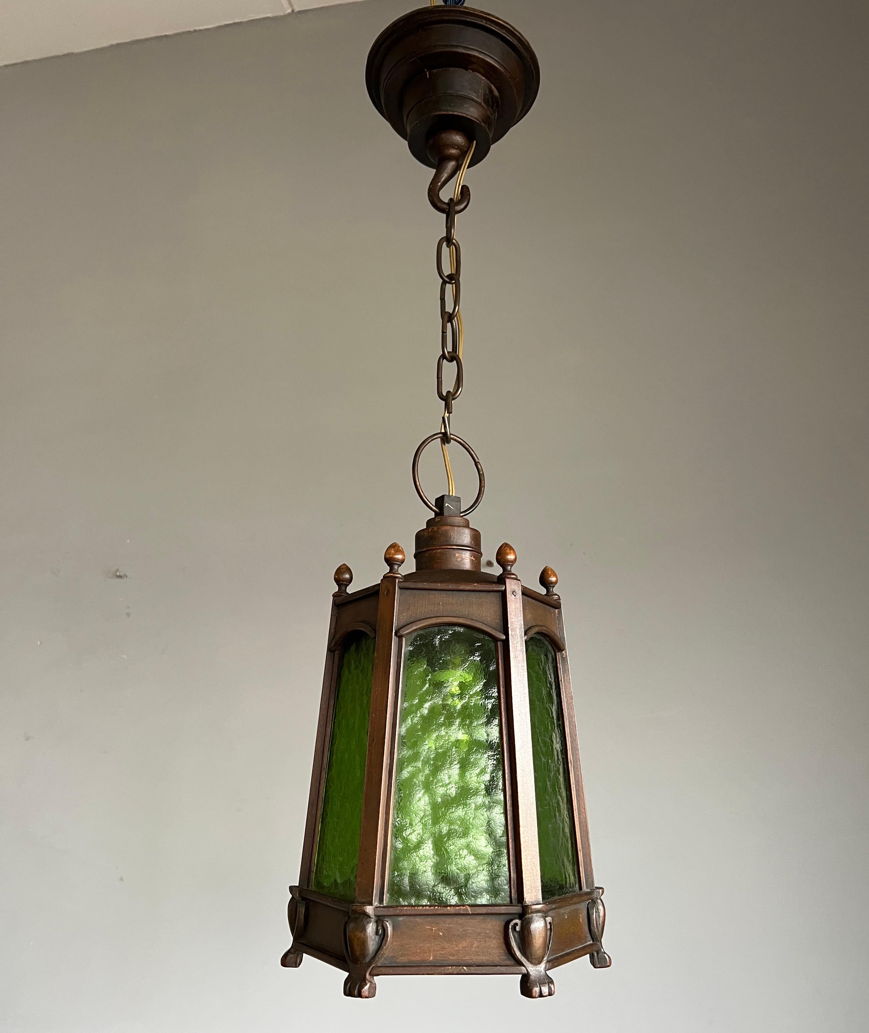 Rare Arts & Crafts Wooden Entrance or Hallway Pendant Light With Green Art Glass 2