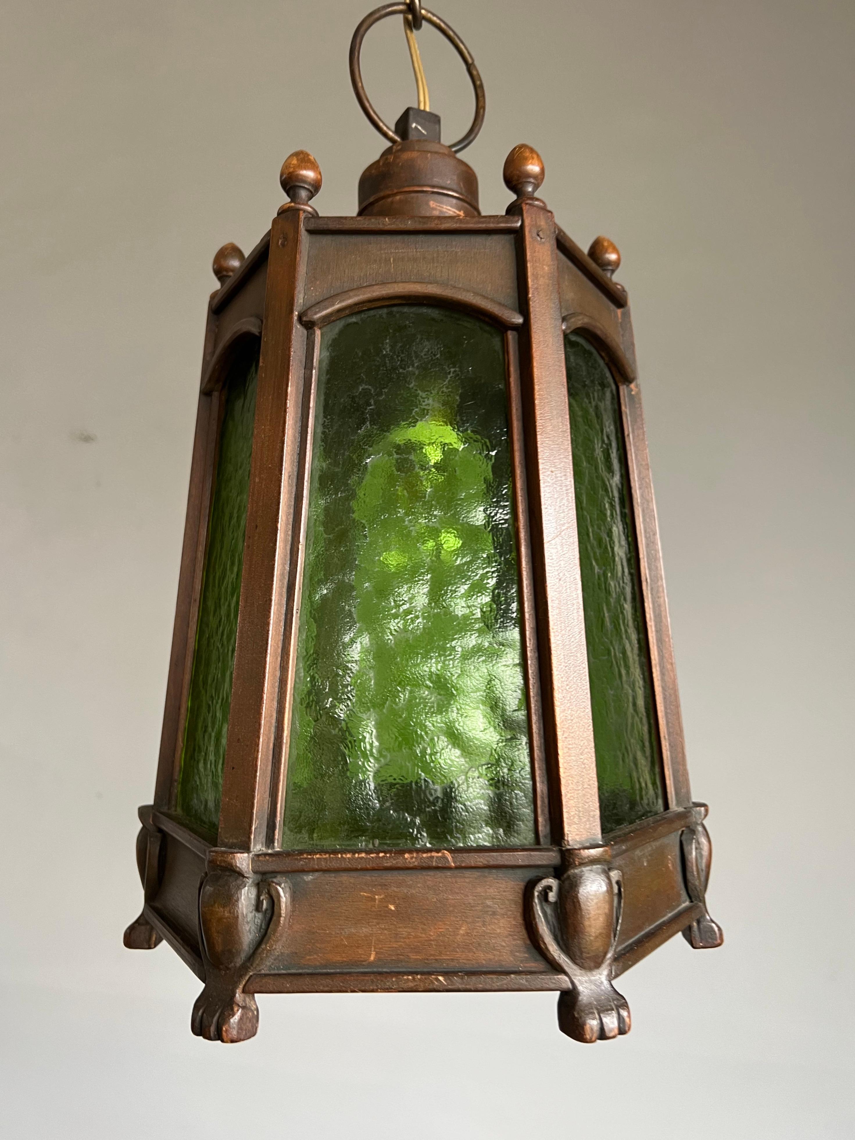 Rare Arts & Crafts Wooden Entrance or Hallway Pendant Light With Green Art Glass 3