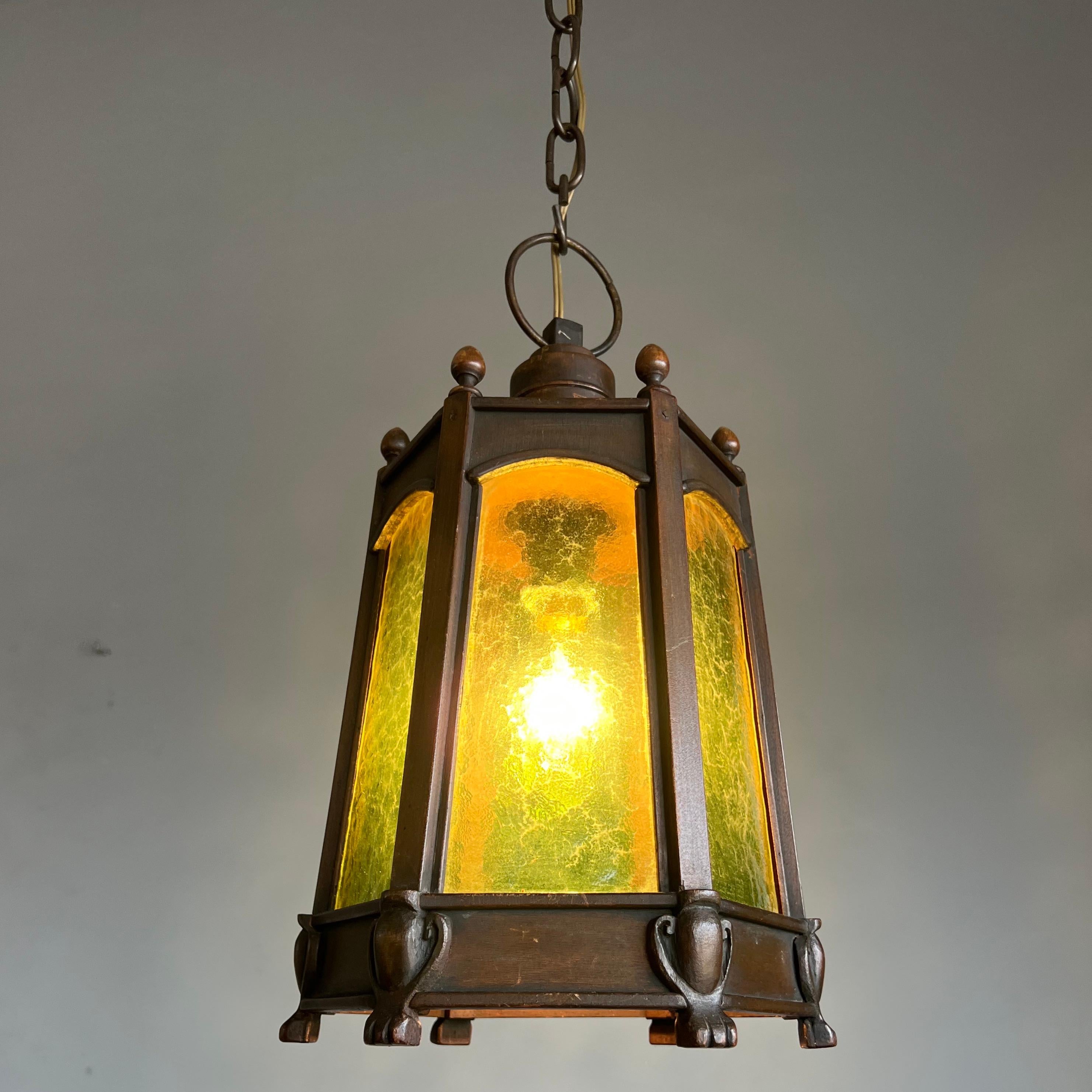 Rare Arts & Crafts Wooden Entrance or Hallway Pendant Light With Green Art Glass 7