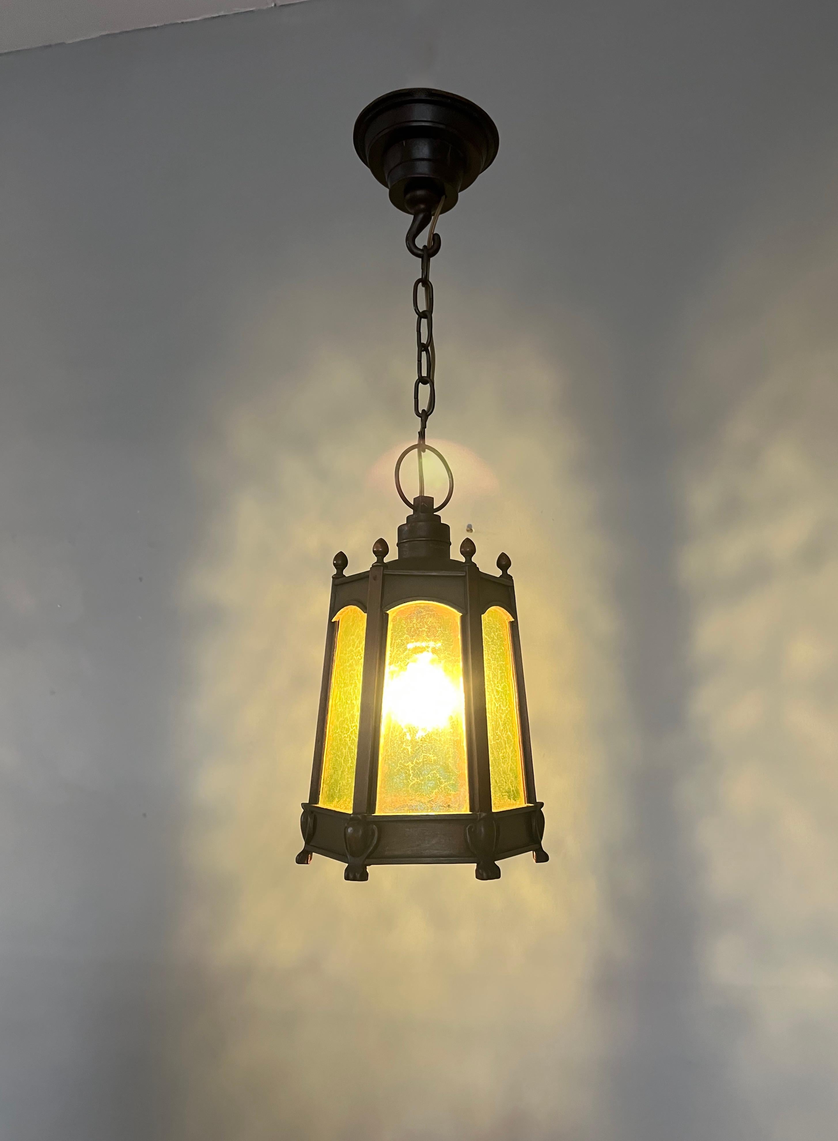 Arts and Crafts Rare Arts & Crafts Wooden Entrance or Hallway Pendant Light With Green Art Glass