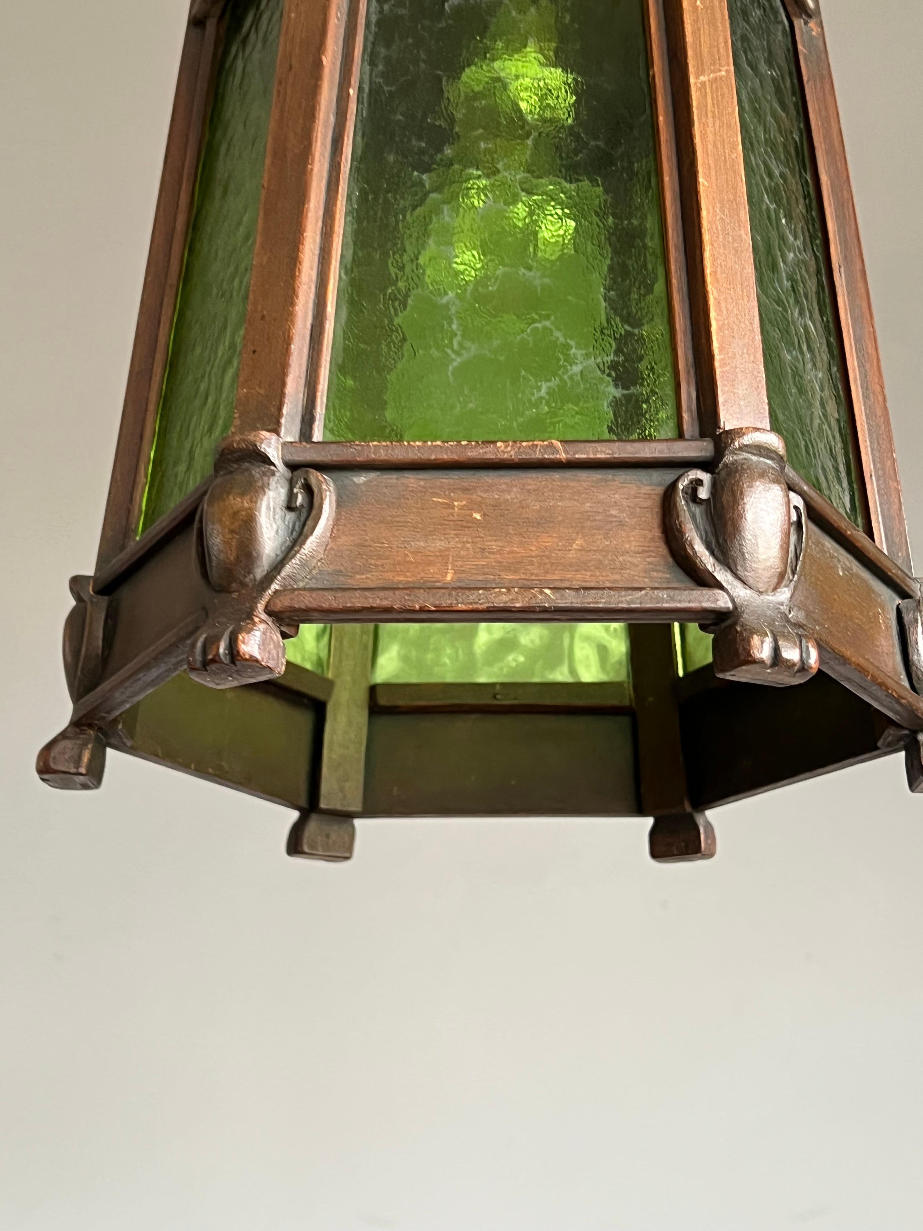European Rare Arts & Crafts Wooden Entrance or Hallway Pendant Light With Green Art Glass