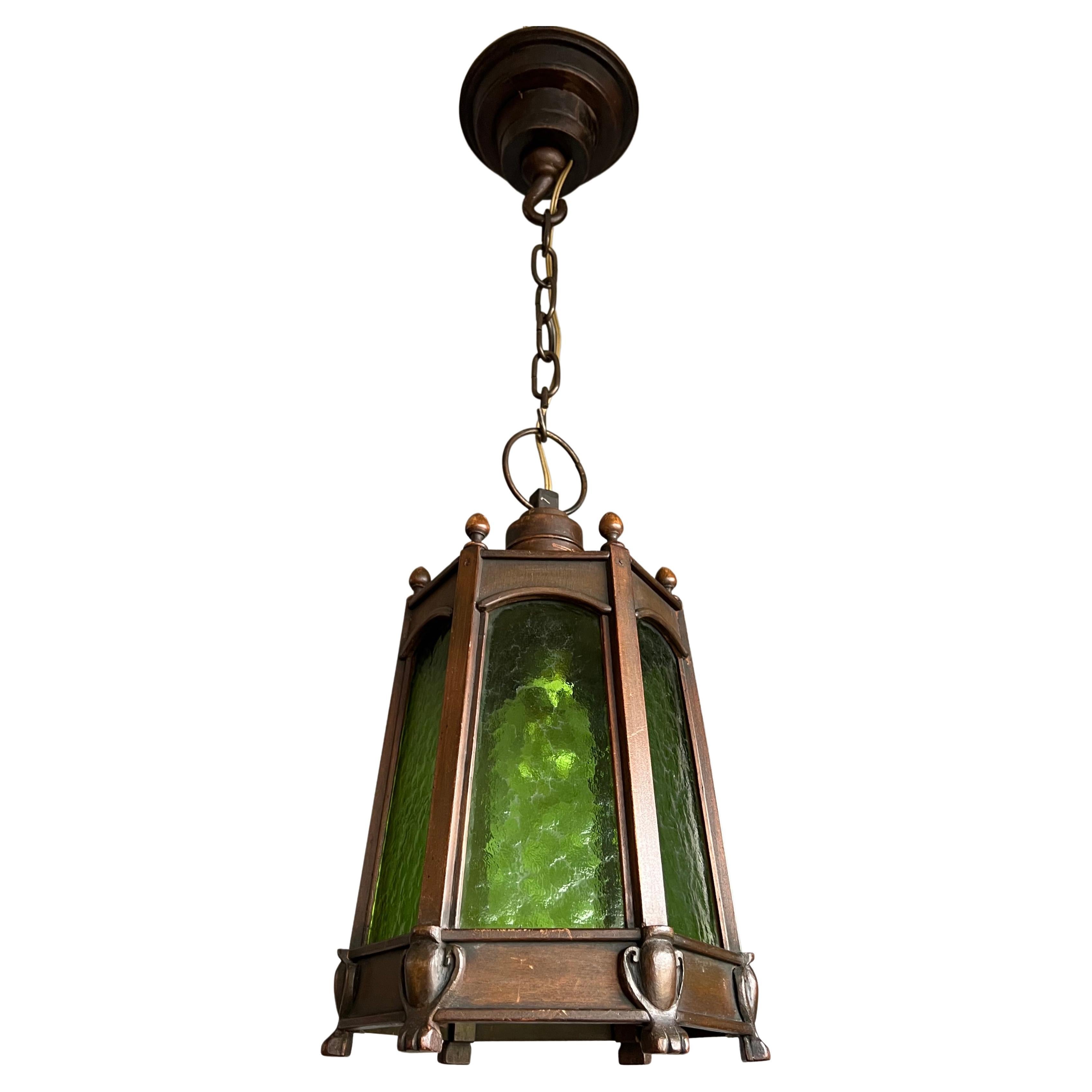 Rare Arts & Crafts Wooden Entrance or Hallway Pendant Light With Green Art Glass