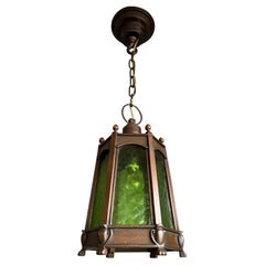 Antique Rare Arts & Crafts Wooden Entrance or Hallway Pendant Light With Green Art Glass