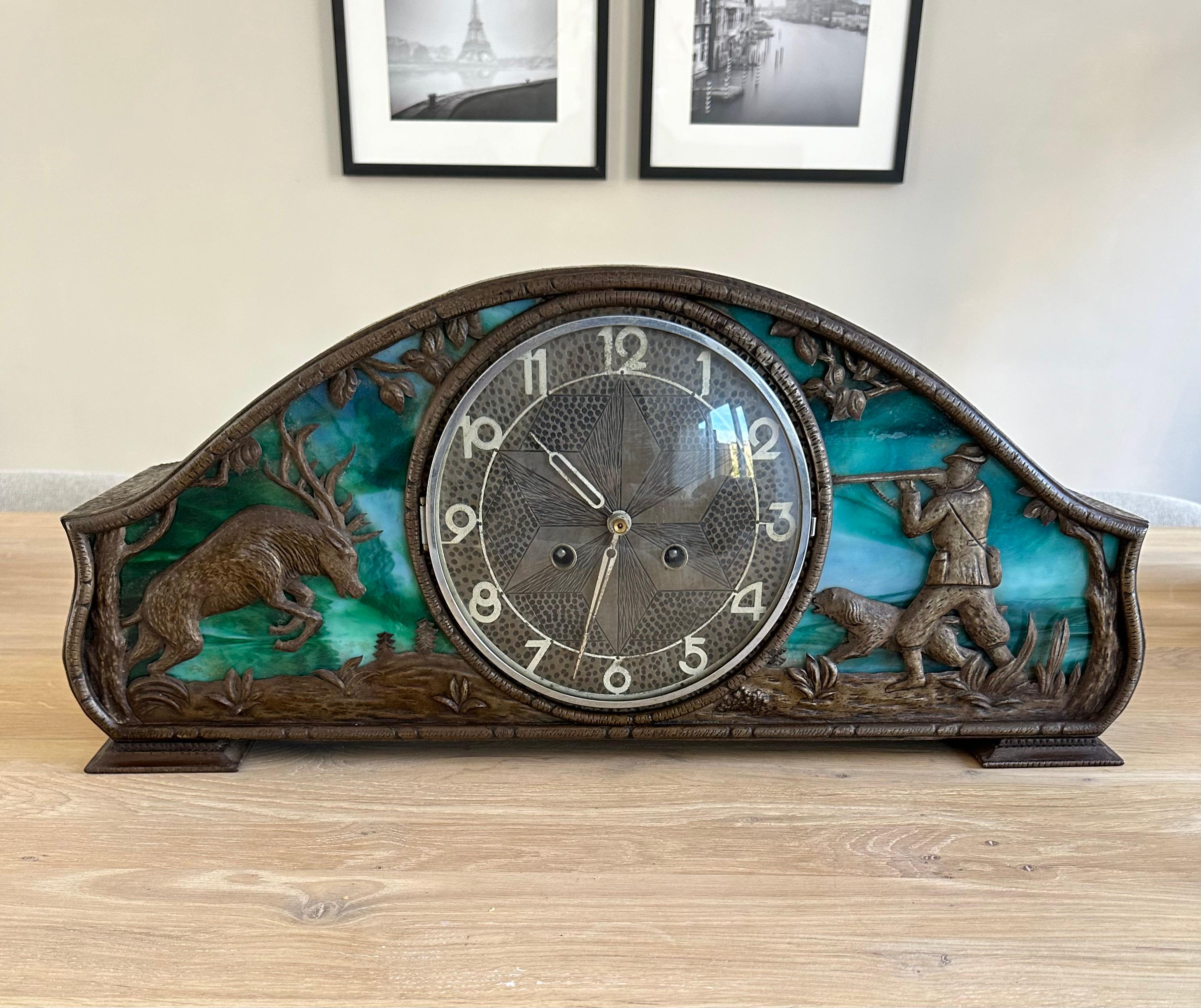 French Rare Arts & Crafts Wrought Iron Mantle Clock with Tiffany Glass & Hunting Theme  For Sale