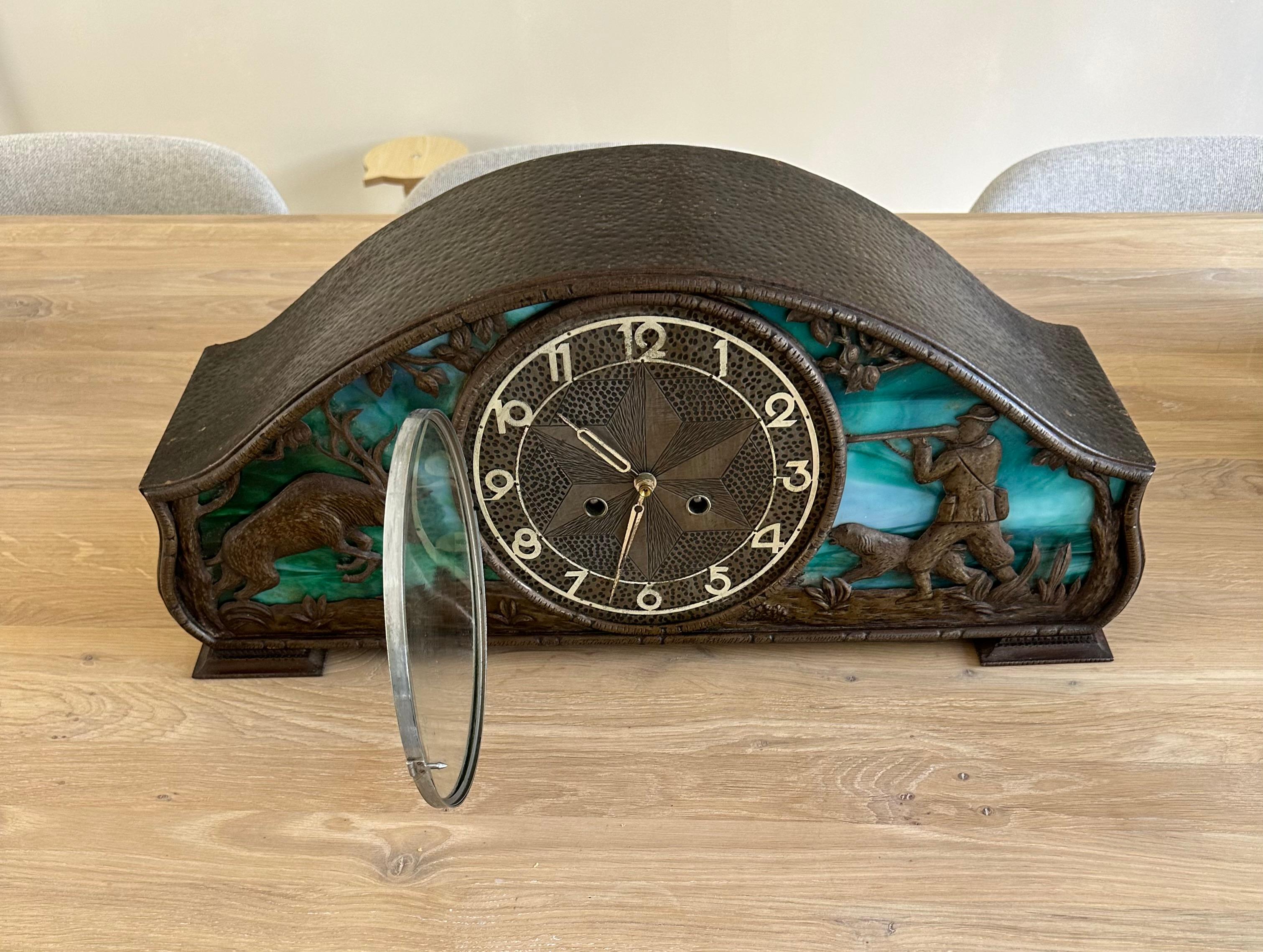 Cast Rare Arts & Crafts Wrought Iron Mantle Clock with Tiffany Glass & Hunting Theme  For Sale