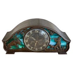 Rare Arts & Crafts Wrought Iron Mantle Clock with Tiffany Glass & Hunting Theme