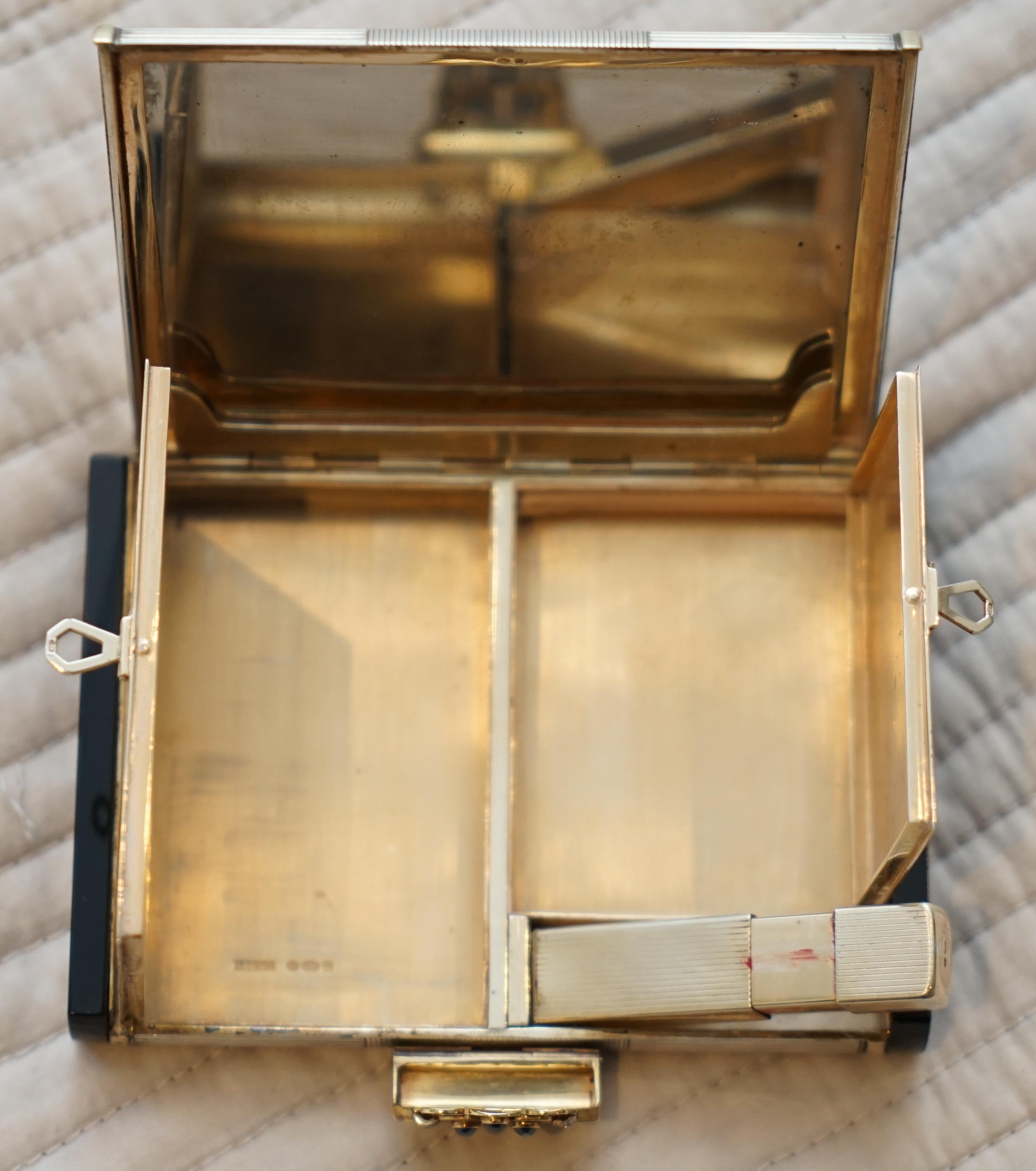 Rare Asprey & Co London 1938 Sterling Silver Diamond Gold Gilt Compact with Bag  6