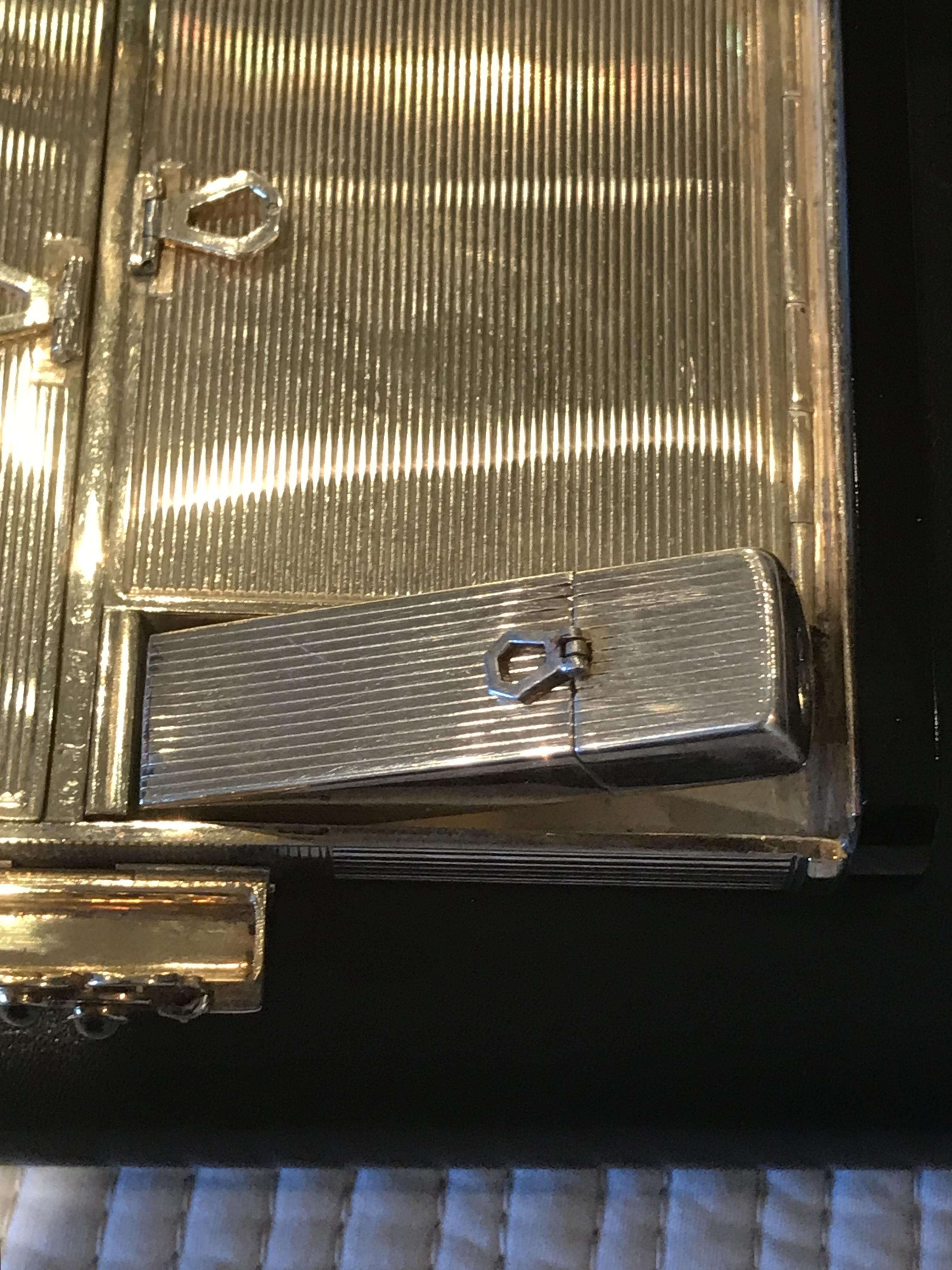 Rare Asprey & Co London 1938 Sterling Silver Diamond Gold Gilt Compact with Bag  12
