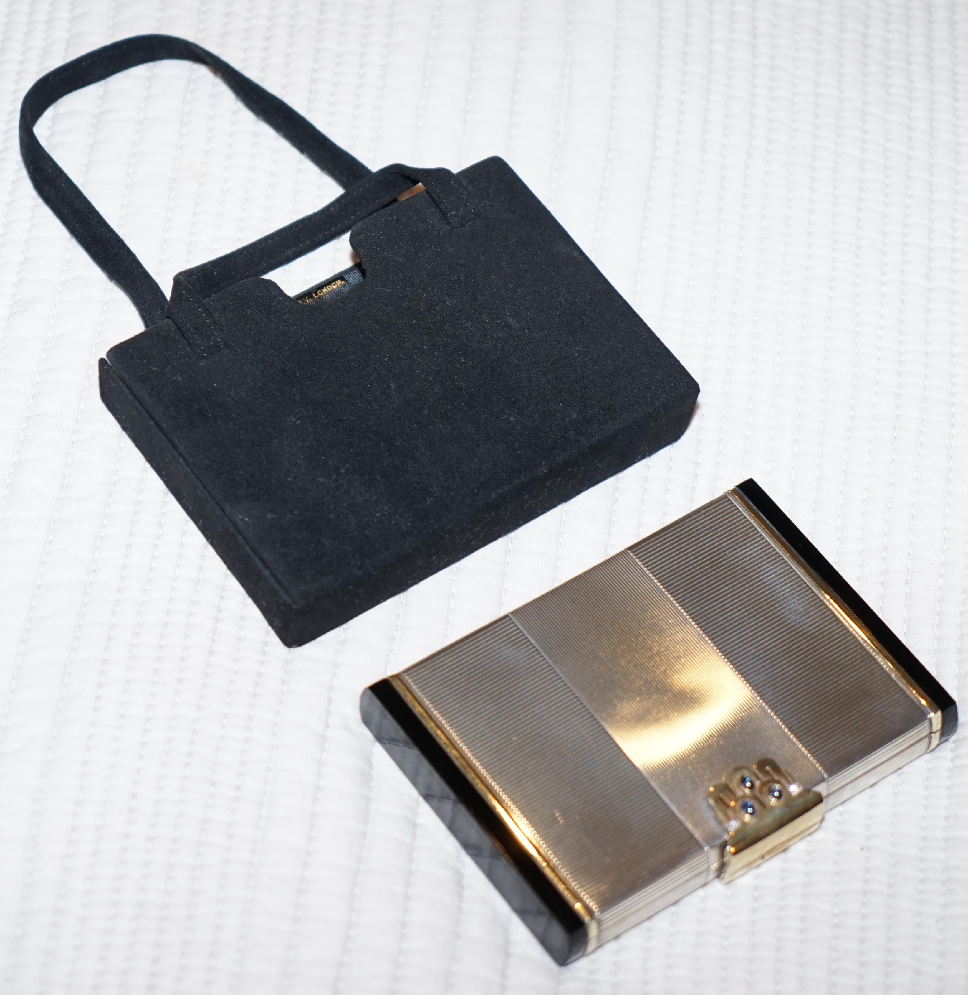Hand-Crafted Rare Asprey & Co London 1938 Sterling Silver Diamond Gold Gilt Compact with Bag 