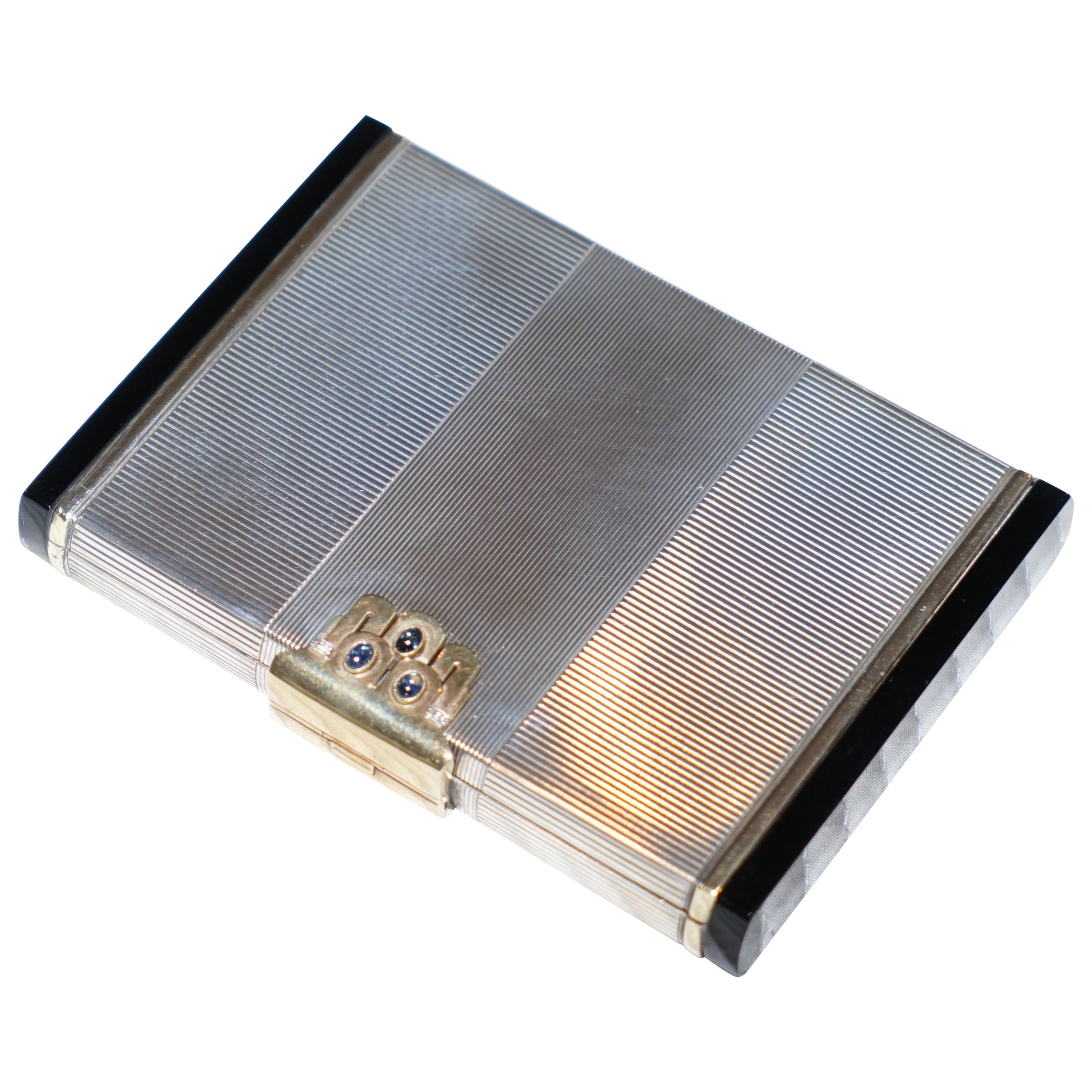 Rare Asprey 
Co London 1938 Sterling Silver Diamond Gold Gilt Compact with Bag