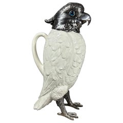 Rare Asprey London Sterling Silver & Copeland Spode Cockatoo Claret Jug, 1912