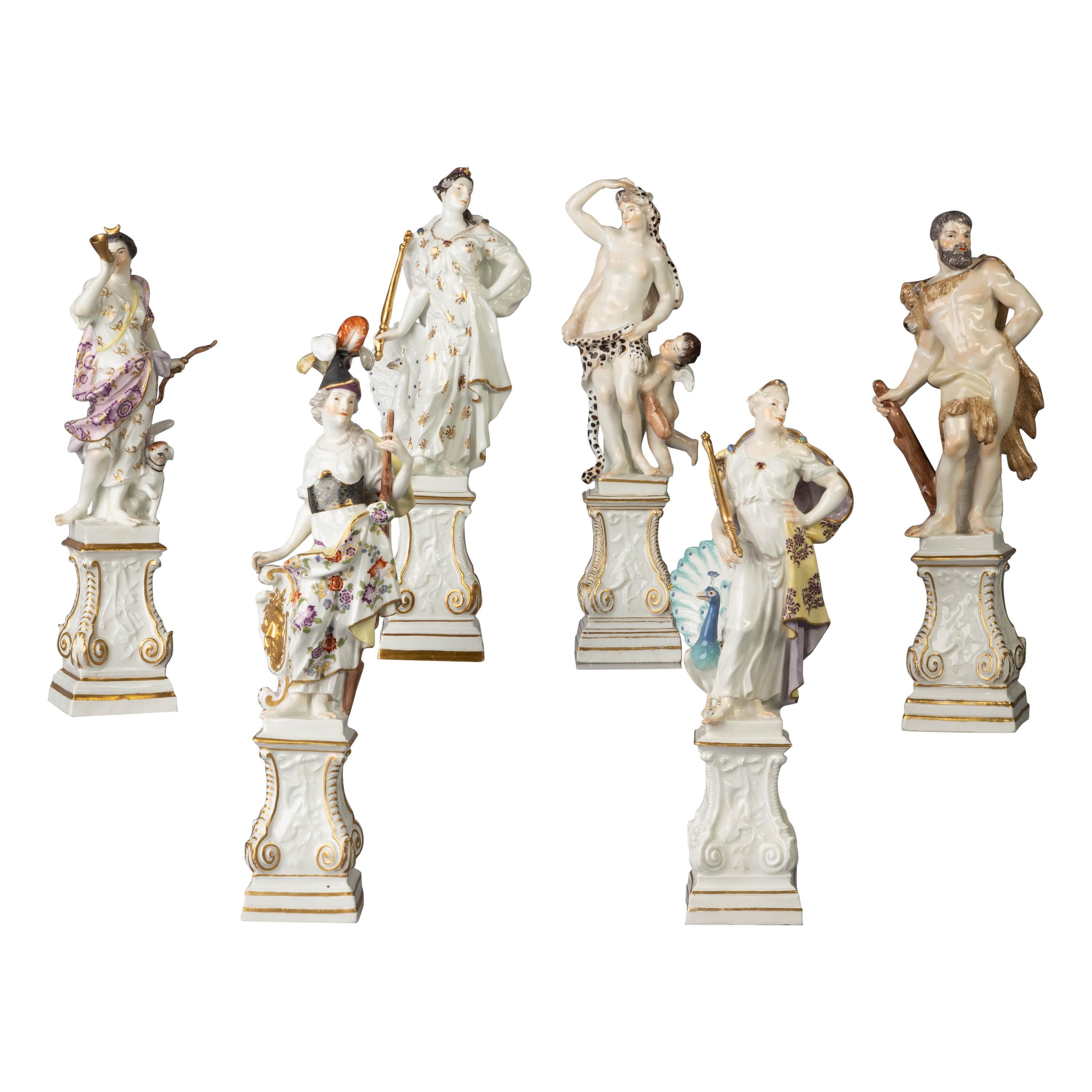 Rare Assembled Set of Six German Porcelain Mythological Deities, Meissen