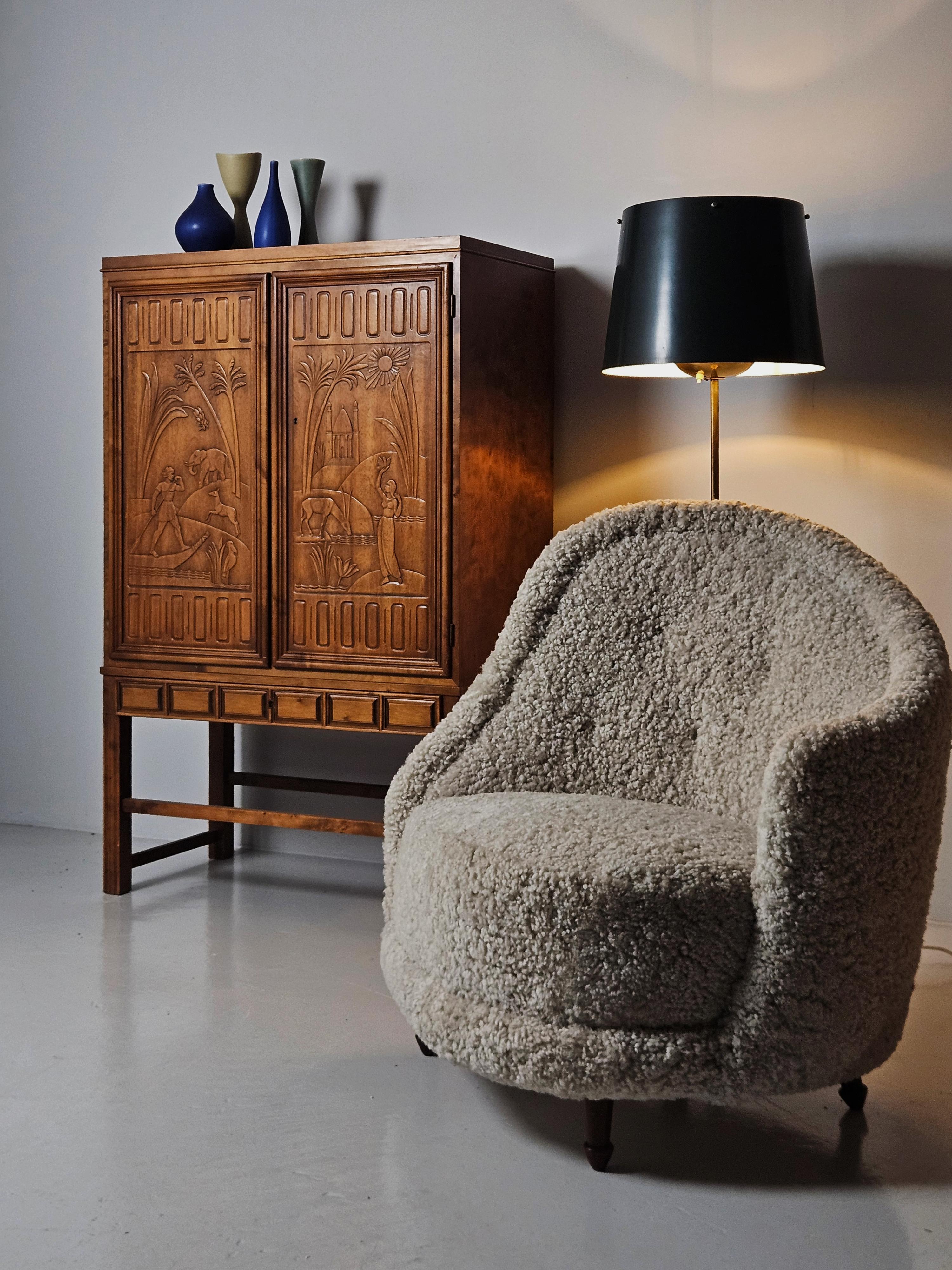 Sheepskin Rare assymetrical Carl Cederholm easy chair for Firma Stil & Form, Sweden 1940s