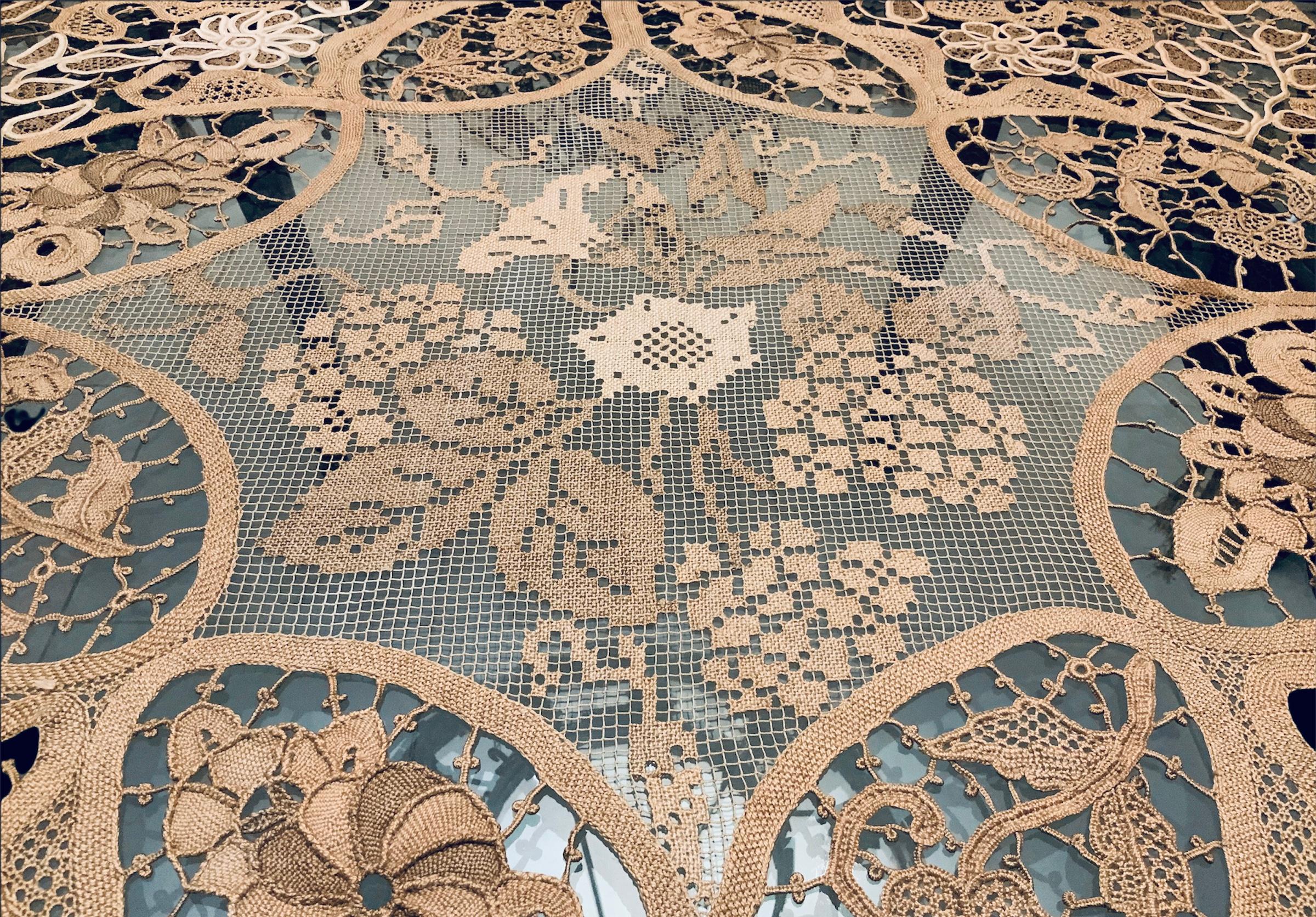 Hand-Crafted Rare Asymmetrical Rectangular Floral Crochet Tablecloth