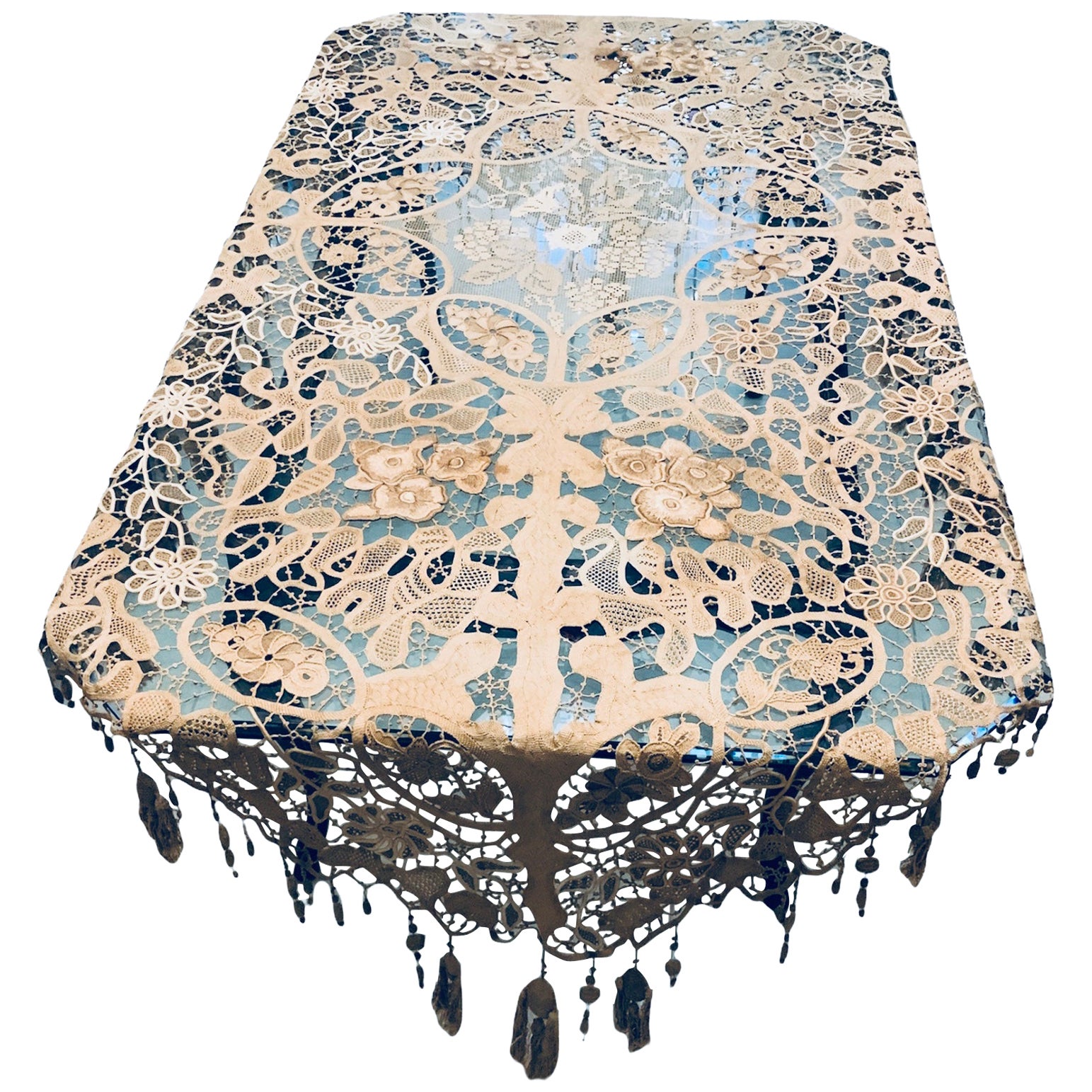 Rare Asymmetrical Rectangular Floral Crochet Tablecloth