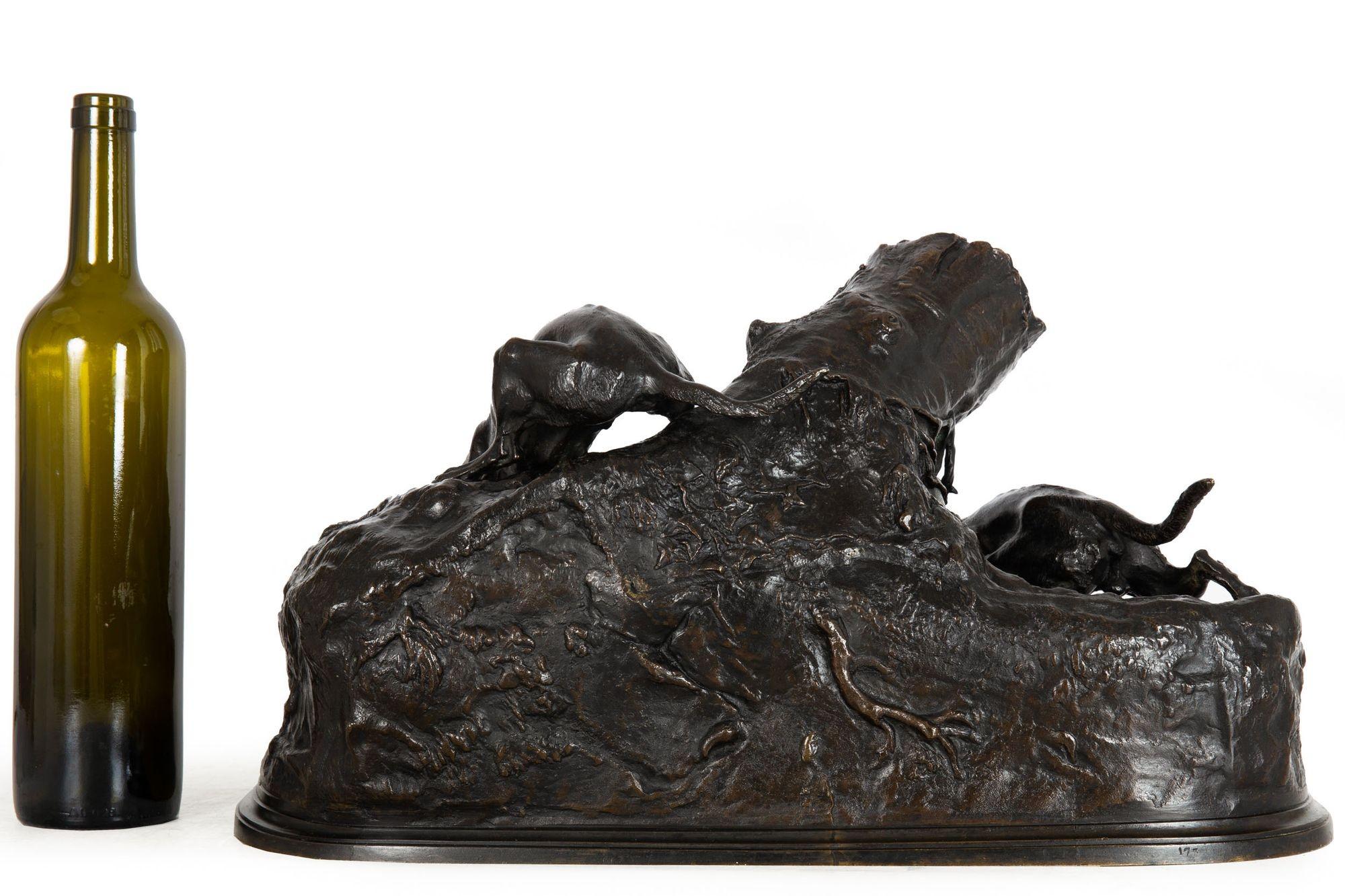 Romantic Rare Atelier French Antique Bronze Sculpture “Fox Hunt” by Pierre Jules Mêne For Sale