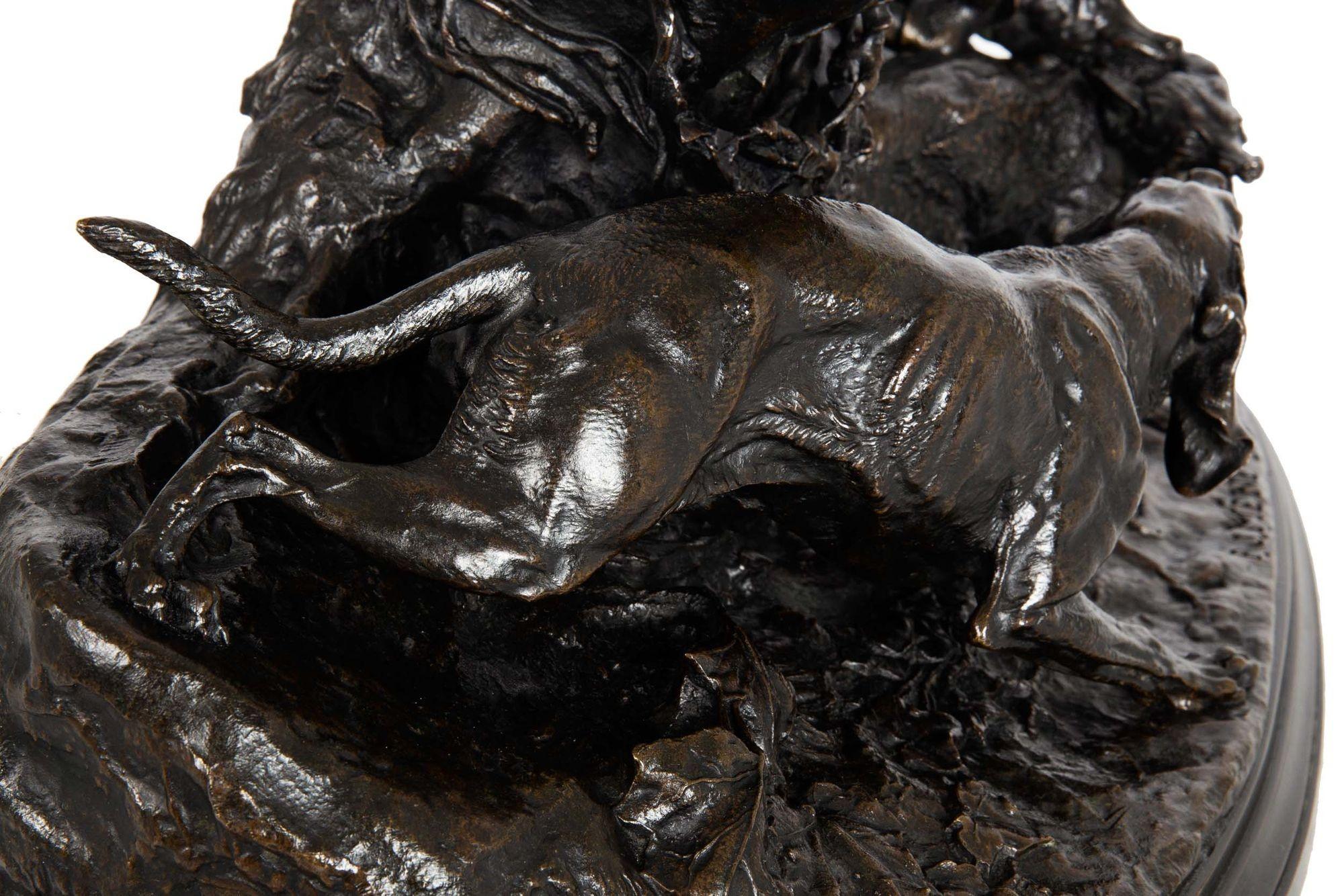 19th Century Rare Atelier French Antique Bronze Sculpture “Fox Hunt” by Pierre Jules Mêne For Sale