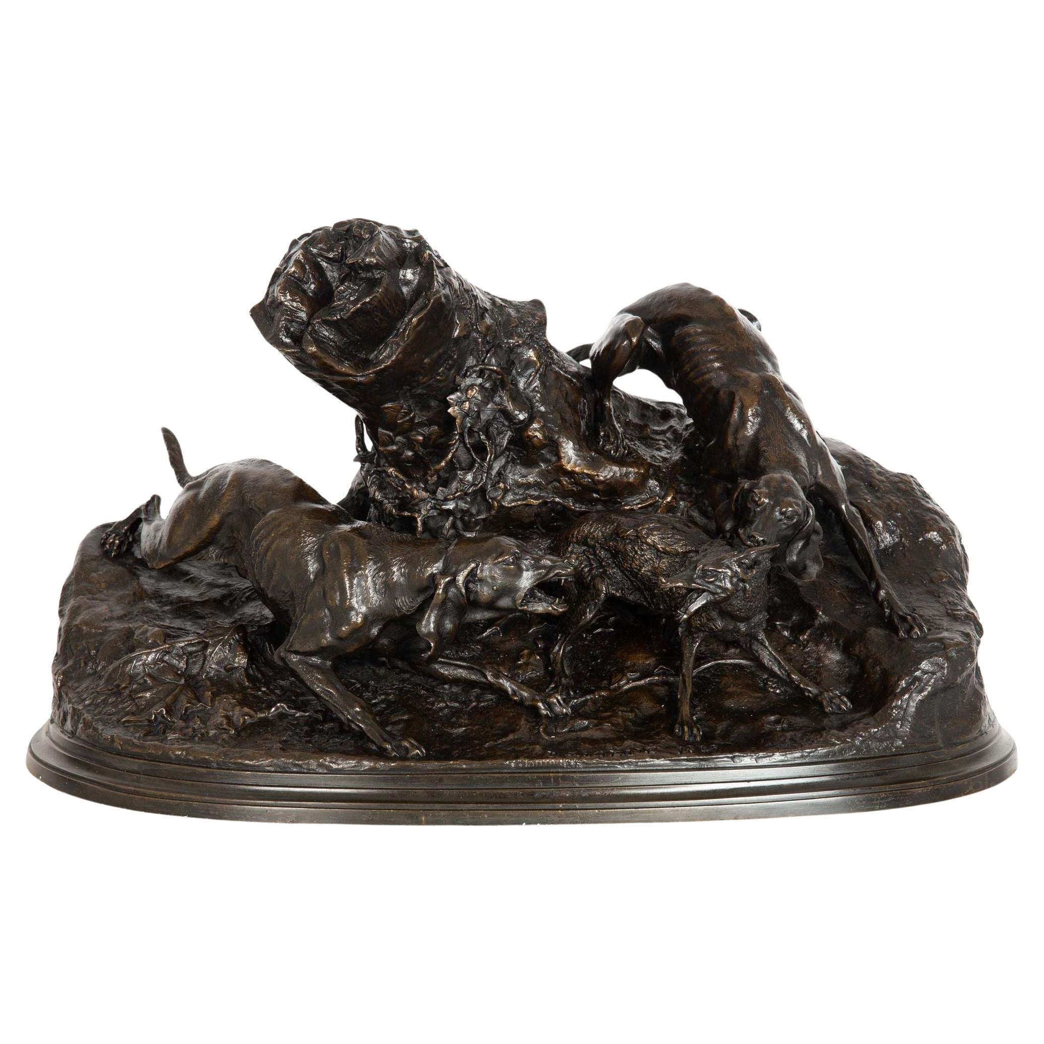 Rare Atelier French Antique Bronze Sculpture “Fox Hunt” by Pierre Jules Mêne