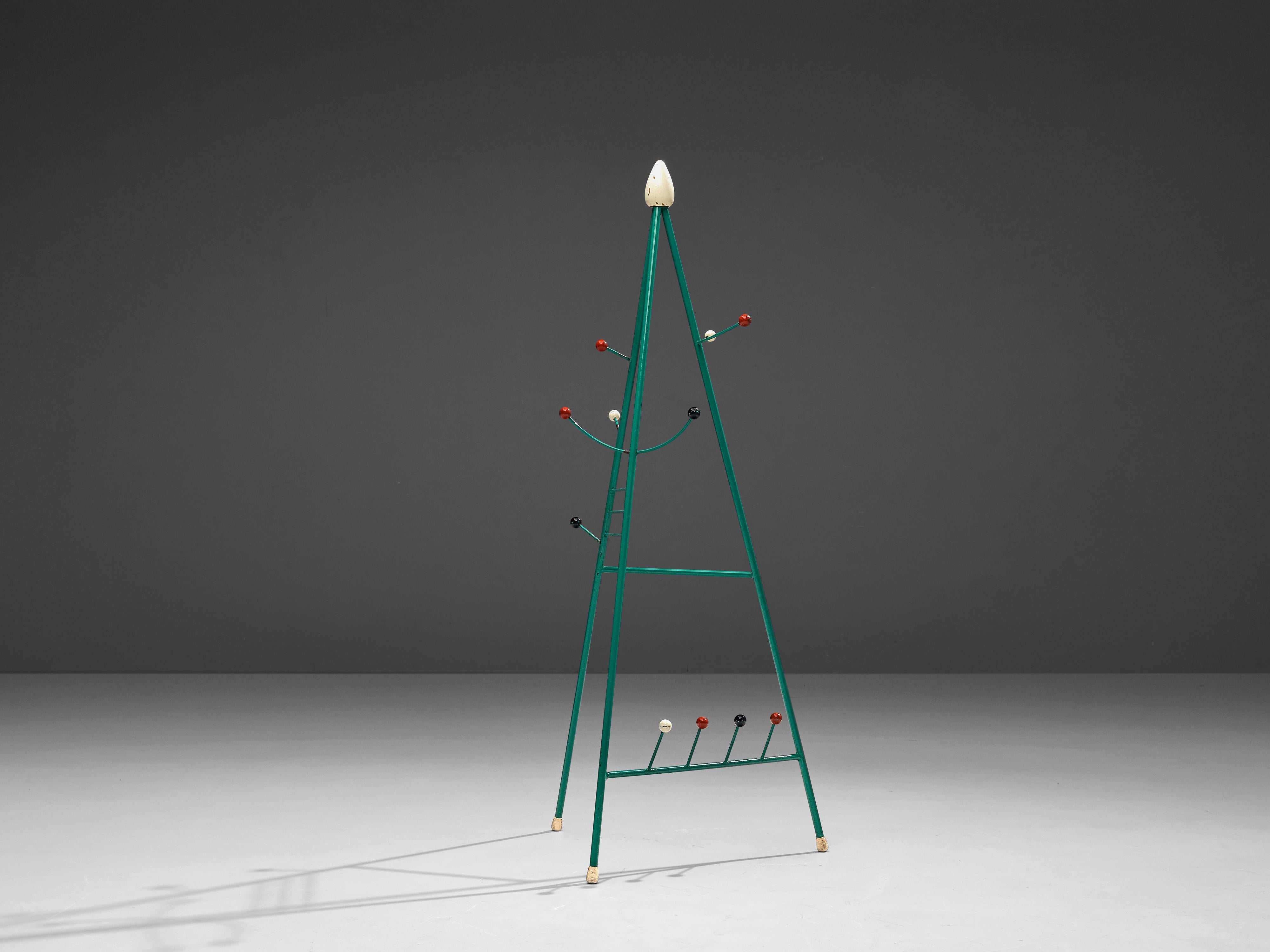 Coat rack, metal, wood, Belgium, 1950s

A rare atomic coat rack in green metal. This compelling shaped coat rack has three legs that form a triangular structure. The playful rack has a green painted iron cast with 11 different colored brass balls.