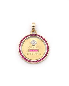 Rare Augis halo ruby Love medal in 18k gold, French vintage pendant