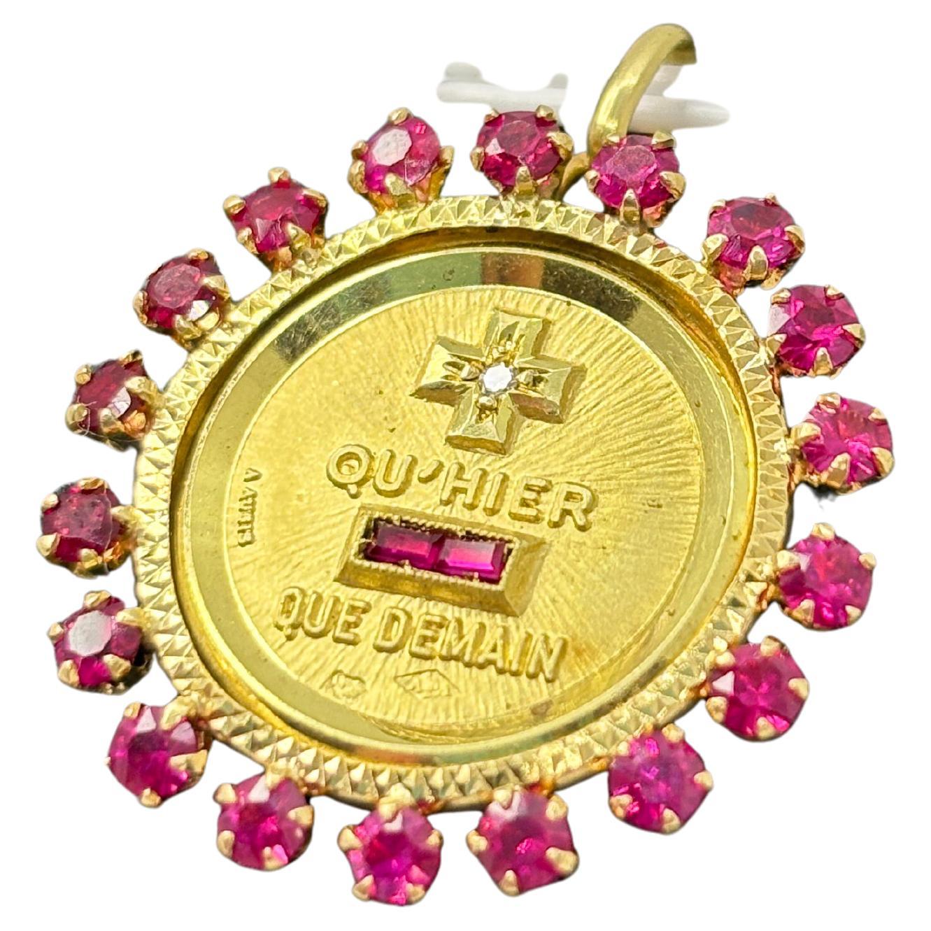 Rara medaglia d'amore A. Augis in oro 18 carati con 18 rubini di corindone