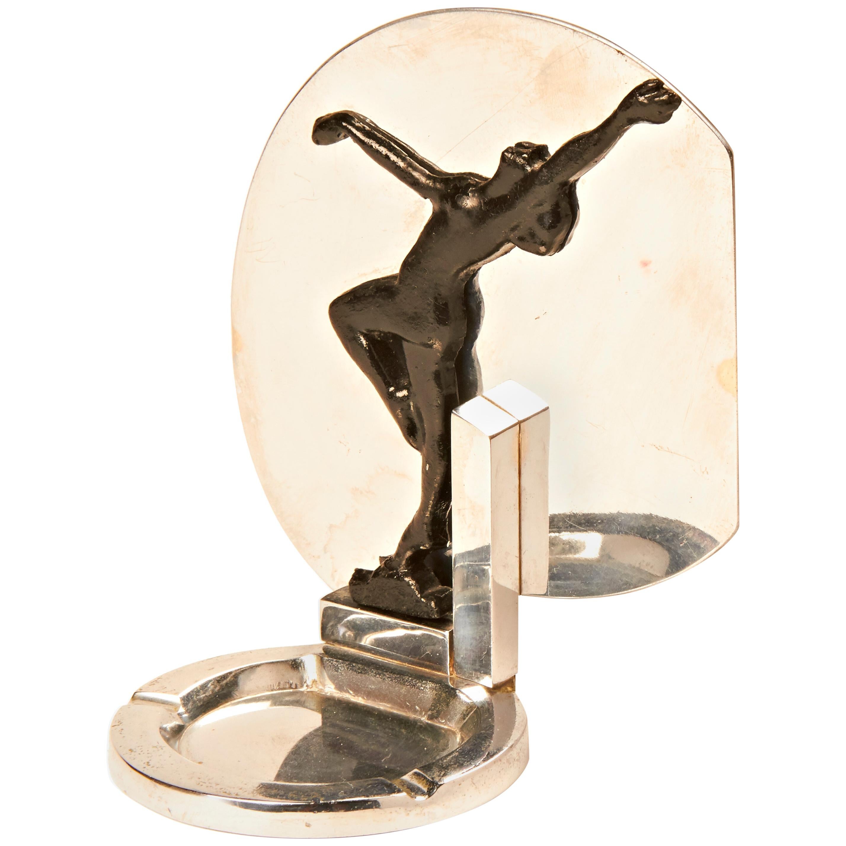 Rare Australian Art Deco Chrome and Black Enamel Figural Dancing Nude Ashtray For Sale