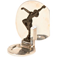 Rare Australian Art Deco Chrome and Black Enamel Figural Dancing Nude Ashtray