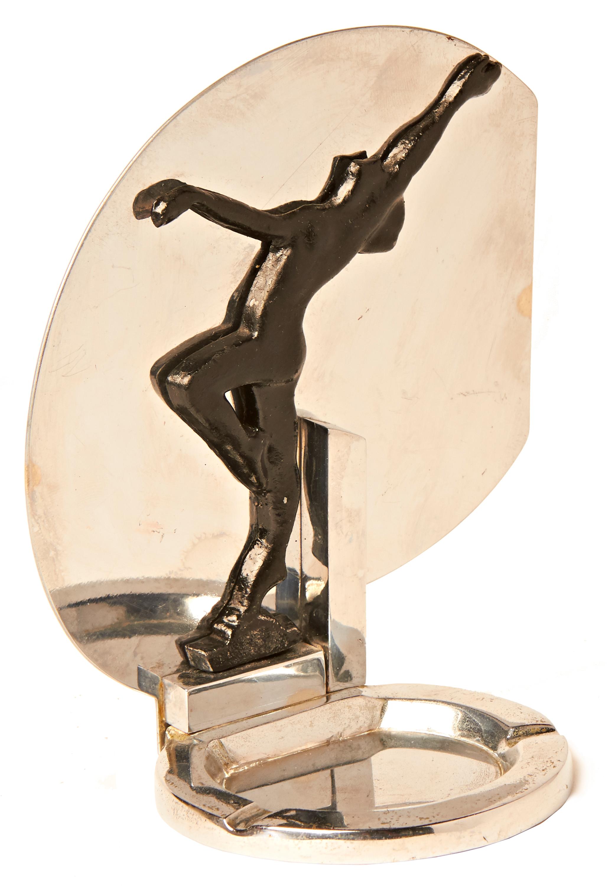 Painted Rare Australian Art Deco Chrome and Black Enamel Figural Dancing Nude Ashtray For Sale