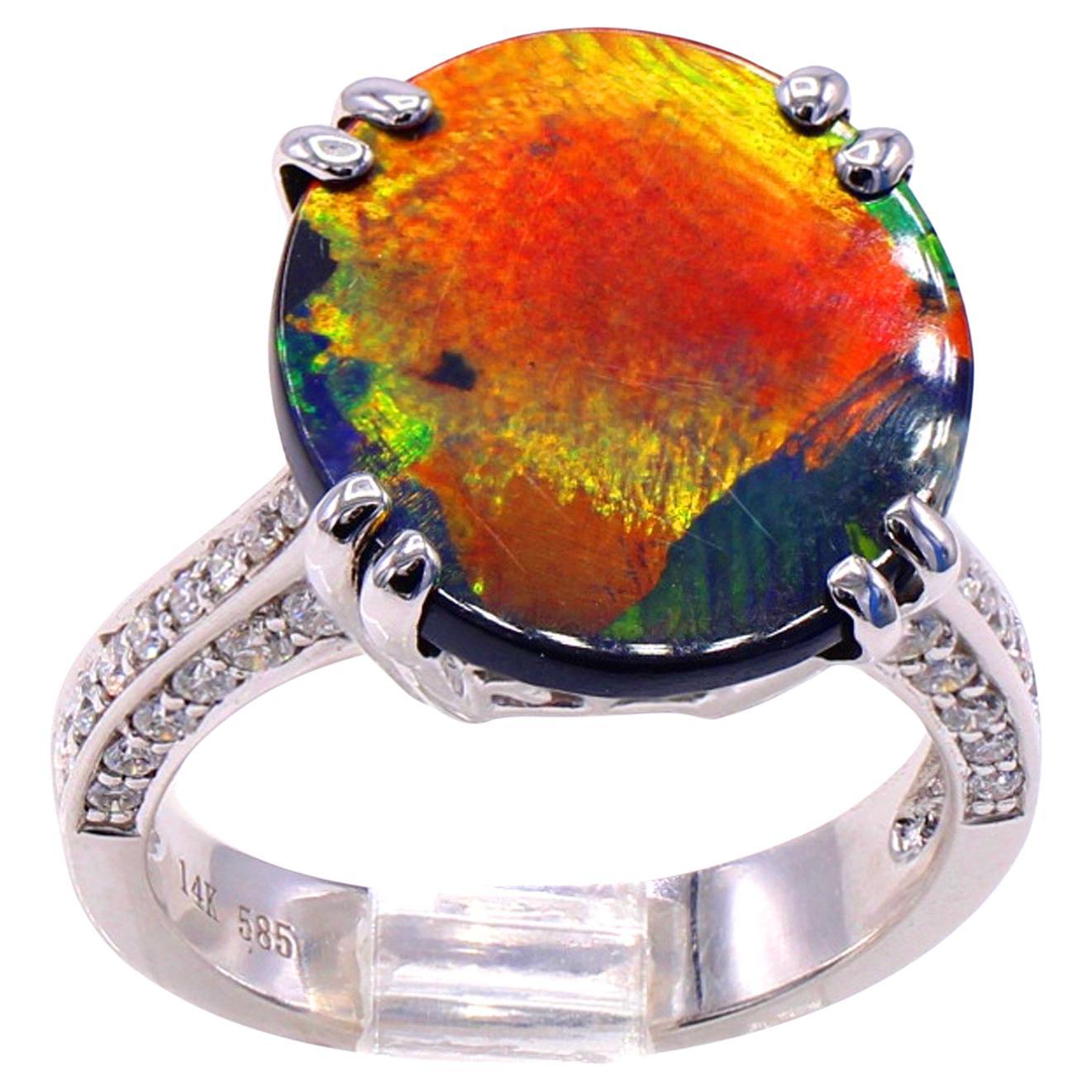 Rare Australian Lightning Ridge Black Opal Diamond Ring For Sale