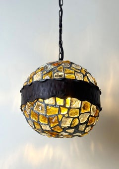Rare Austrian Art Nouveau Amber and Clear Chunk Glass Globe Pendant, circa 1910