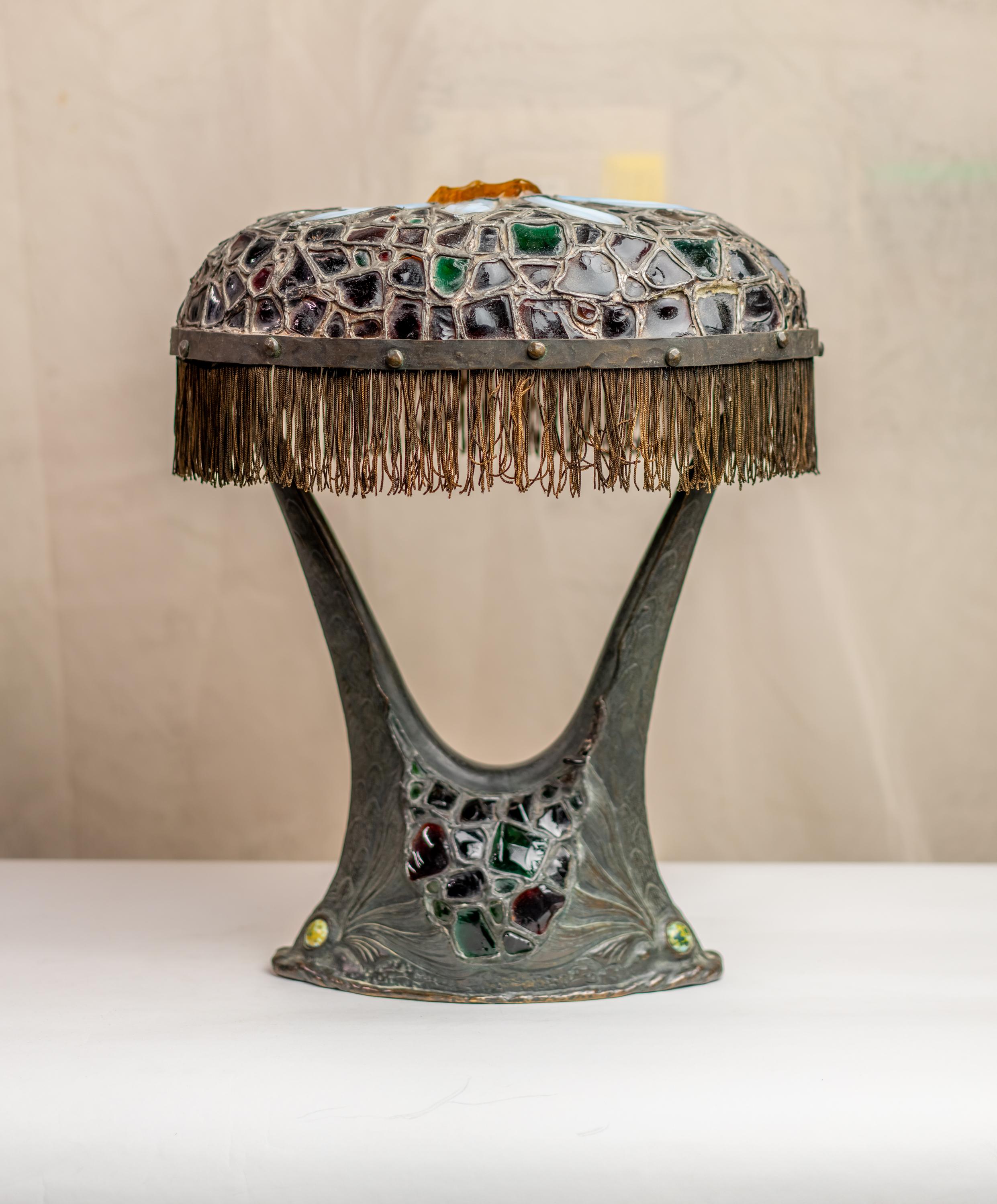 Rare Austrian Colorful Art Nouveau Bronze and Glass Chunk Jewel Table Lamp 6