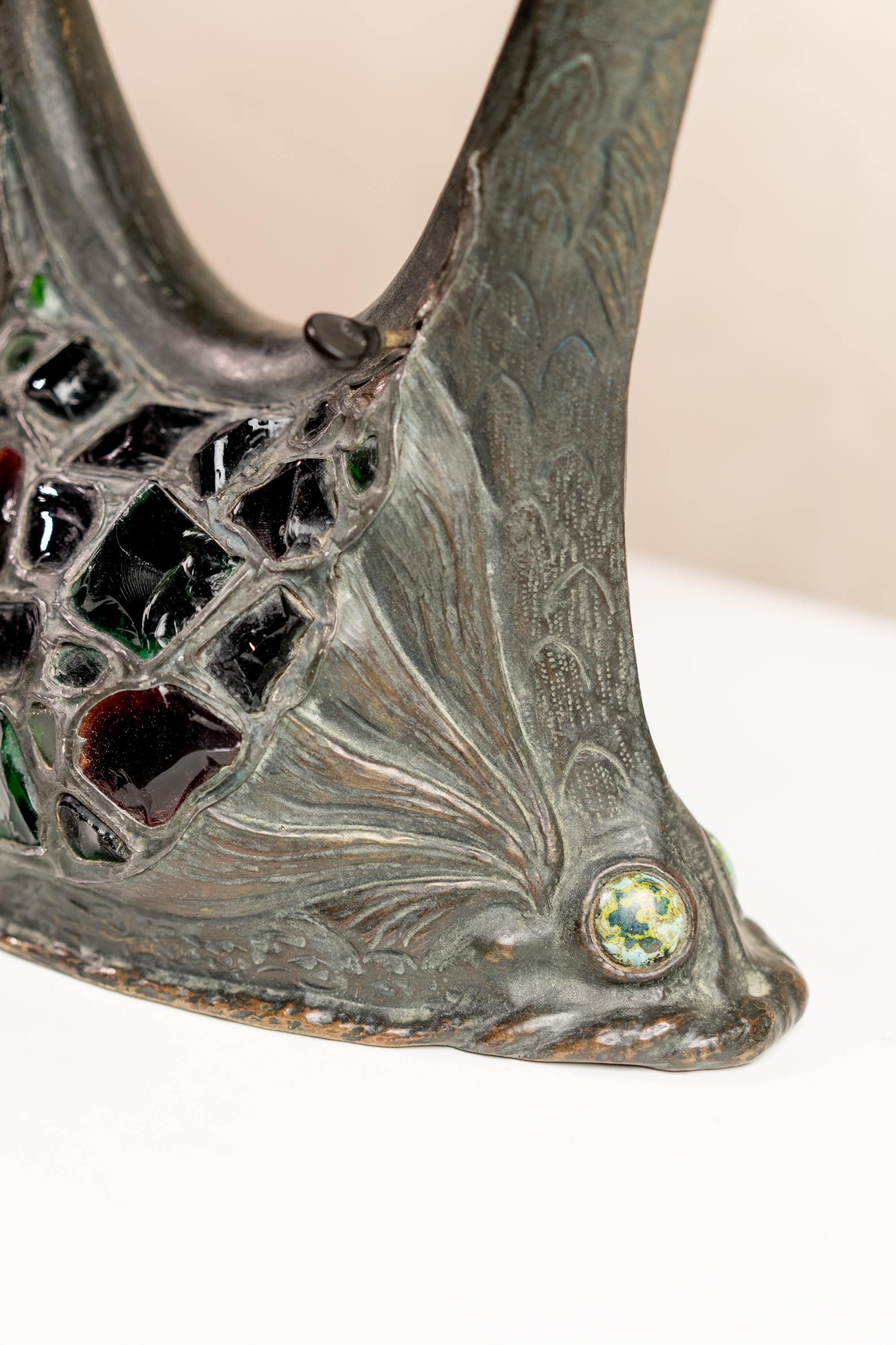 Rare Austrian Colorful Art Nouveau Bronze and Glass Chunk Jewel Table Lamp 7