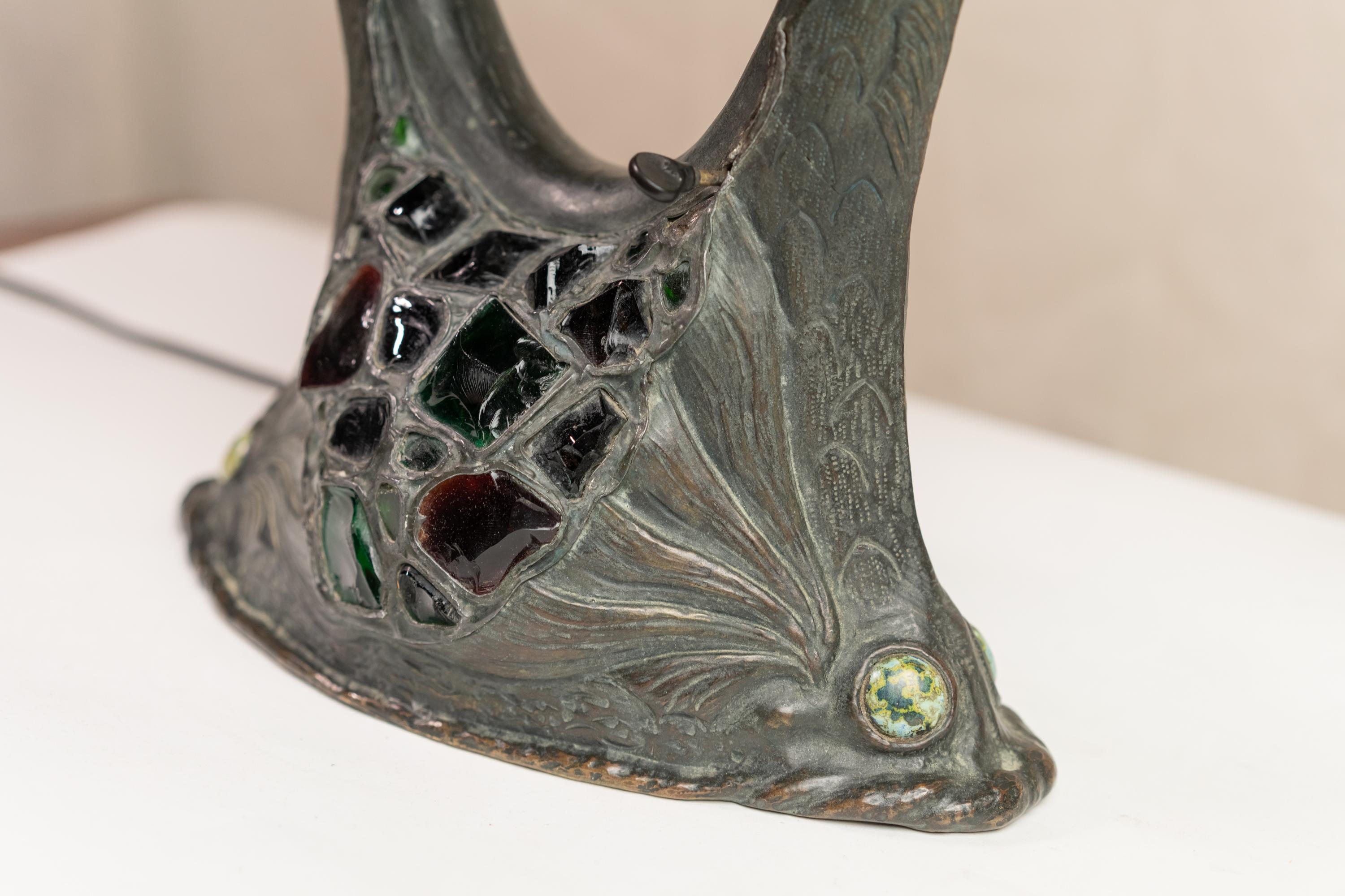 Rare Austrian Colorful Art Nouveau Bronze and Glass Chunk Jewel Table Lamp 8