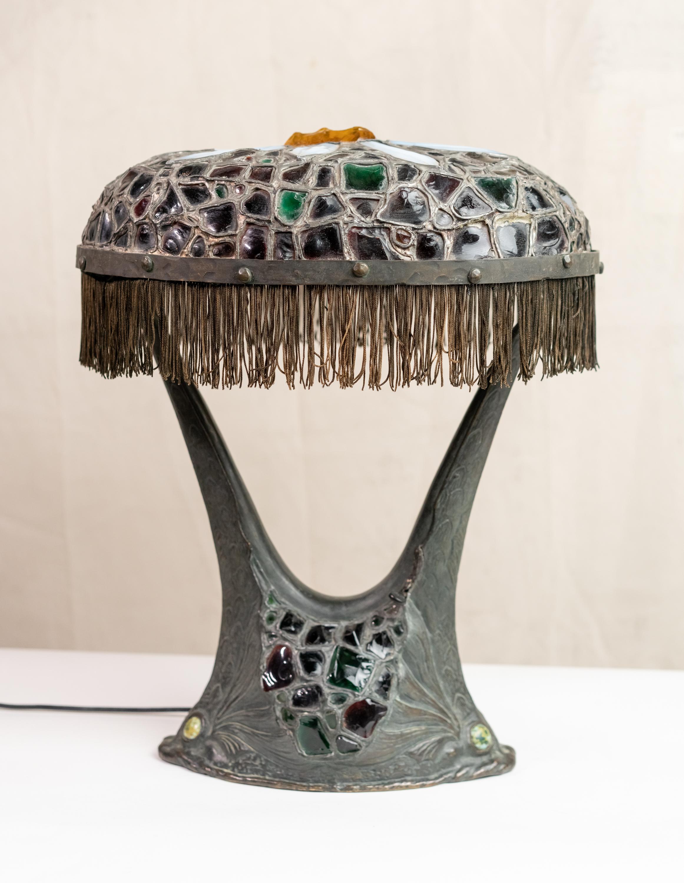 Rare Austrian Colorful Art Nouveau Bronze and Glass Chunk Jewel Table Lamp 9