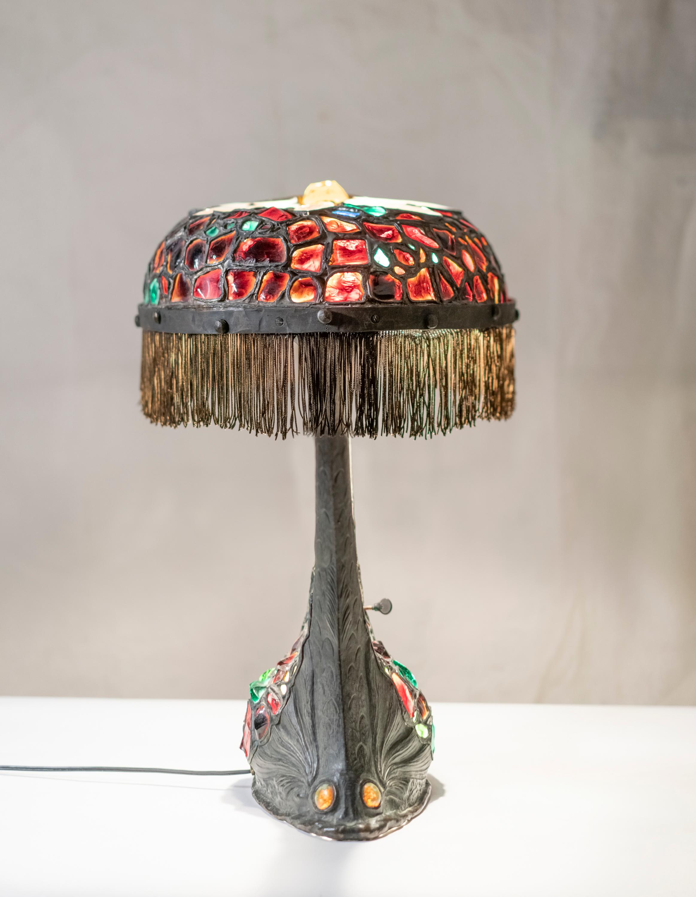 Rare Austrian Colorful Art Nouveau Bronze and Glass Chunk Jewel Table Lamp In Good Condition In Montreal, QC